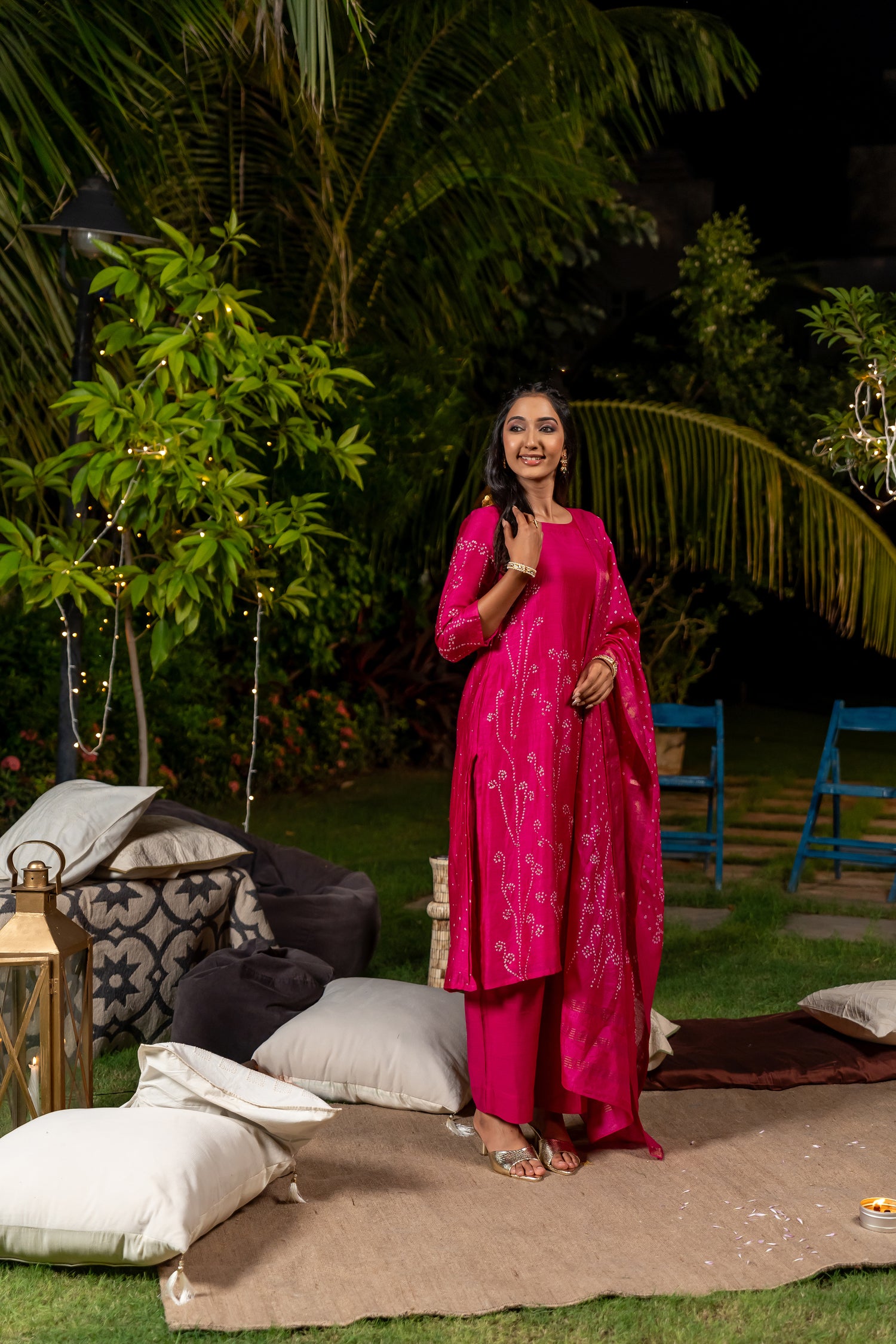 Ray Ethnic Ira | Bright Pink Muga Silk Bandhej Kurta Set of 3 with Hand Embroidery & Matching Dupatta