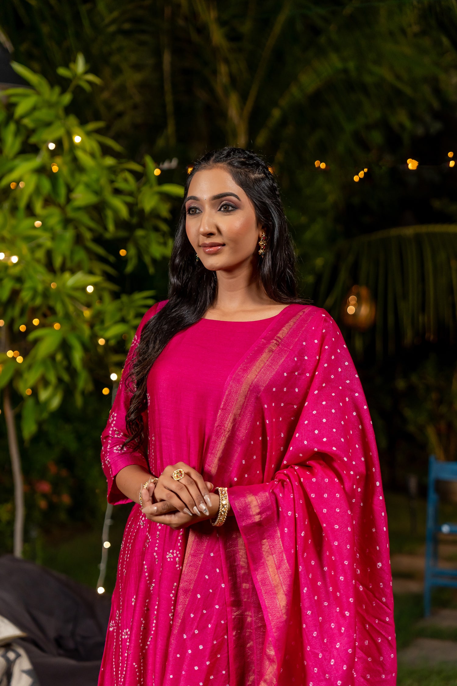 Ray Ethnic Ira | Bright Pink Muga Silk Bandhej Kurta Set of 3 with Hand Embroidery & Matching Dupatta