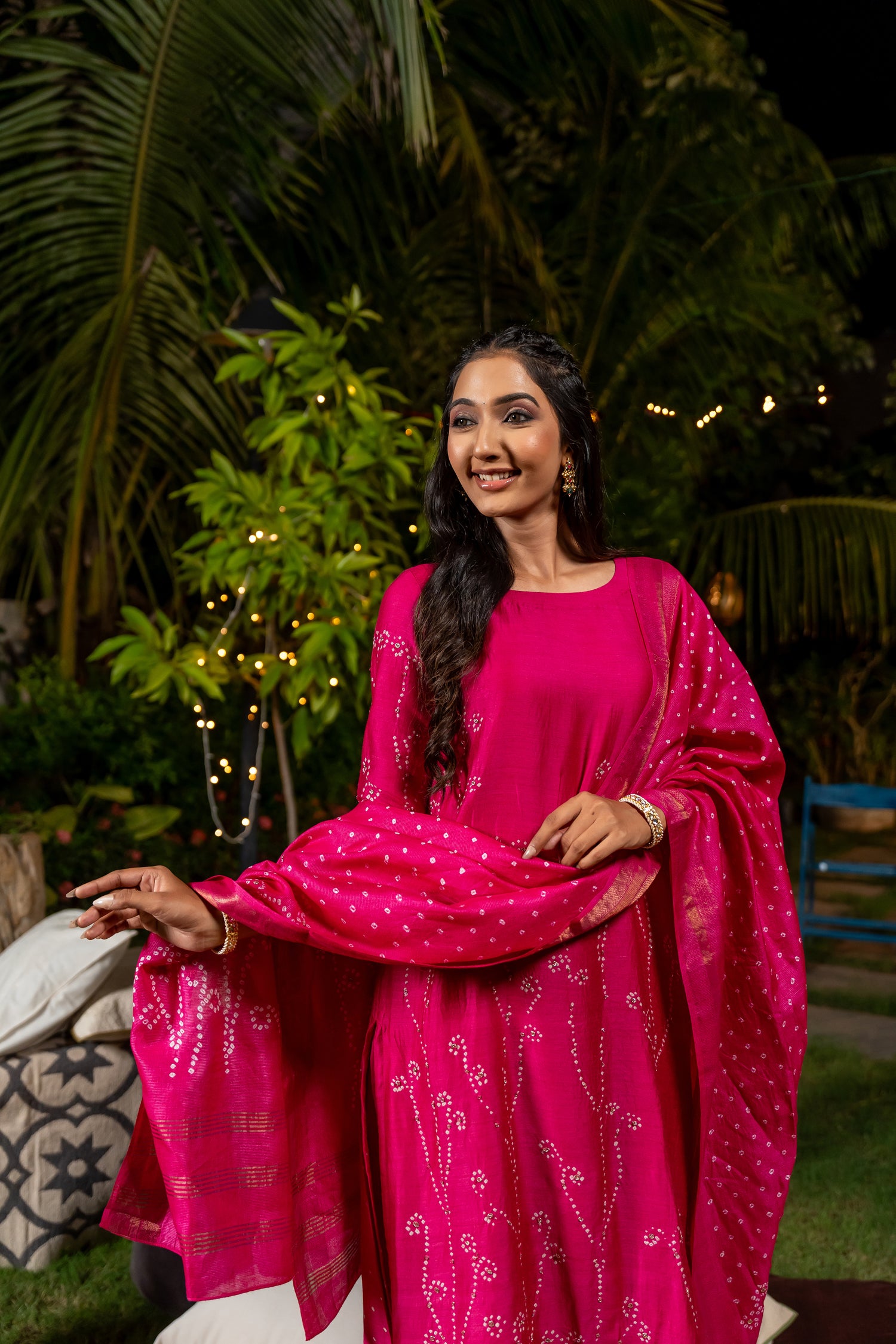 Ray Ethnic Ira | Bright Pink Muga Silk Bandhej Kurta Set of 3 with Hand Embroidery & Matching Dupatta