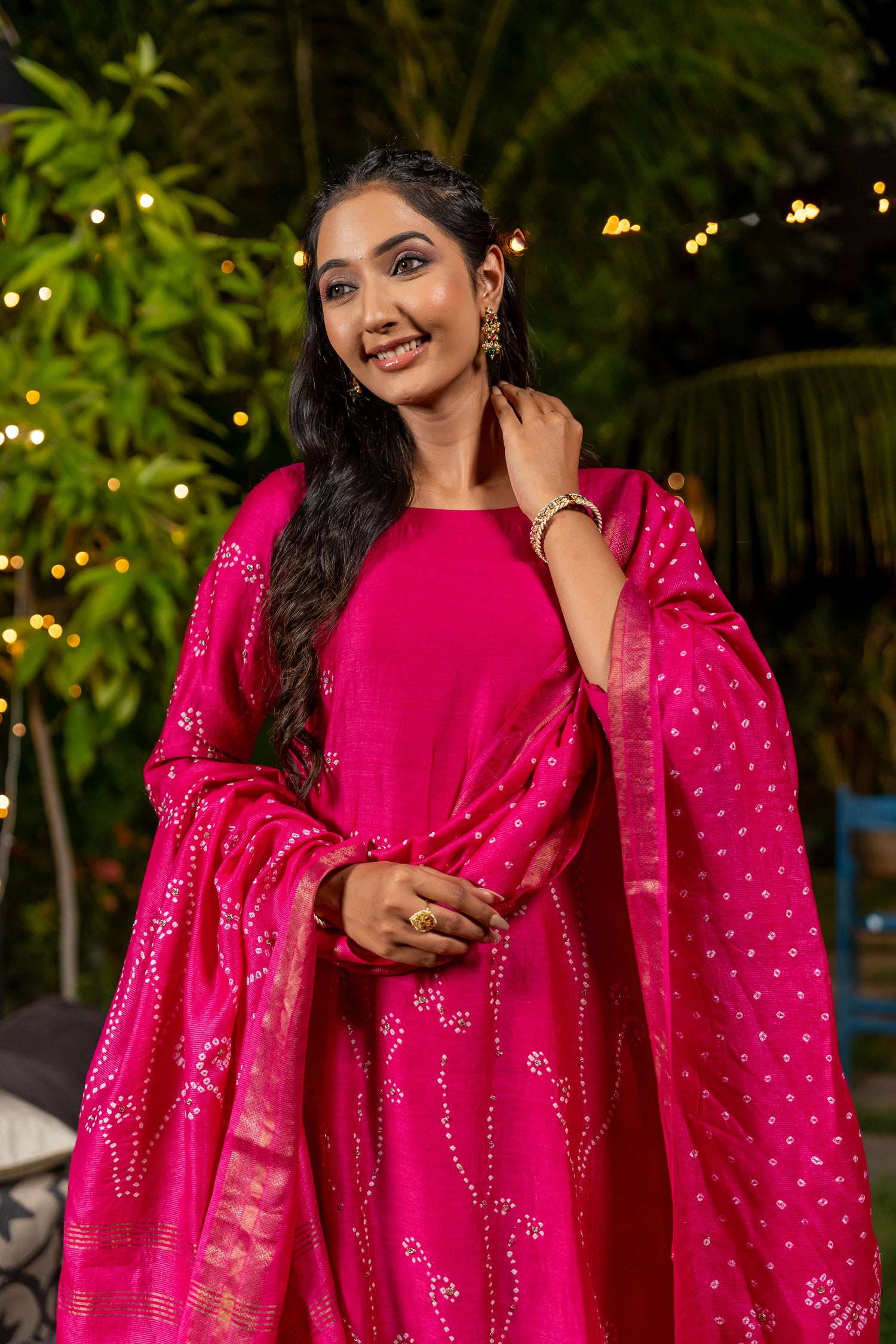 Ray Ethnic Ira | Bright Pink Muga Silk Bandhej Kurta Set of 3 with Hand Embroidery & Matching Dupatta