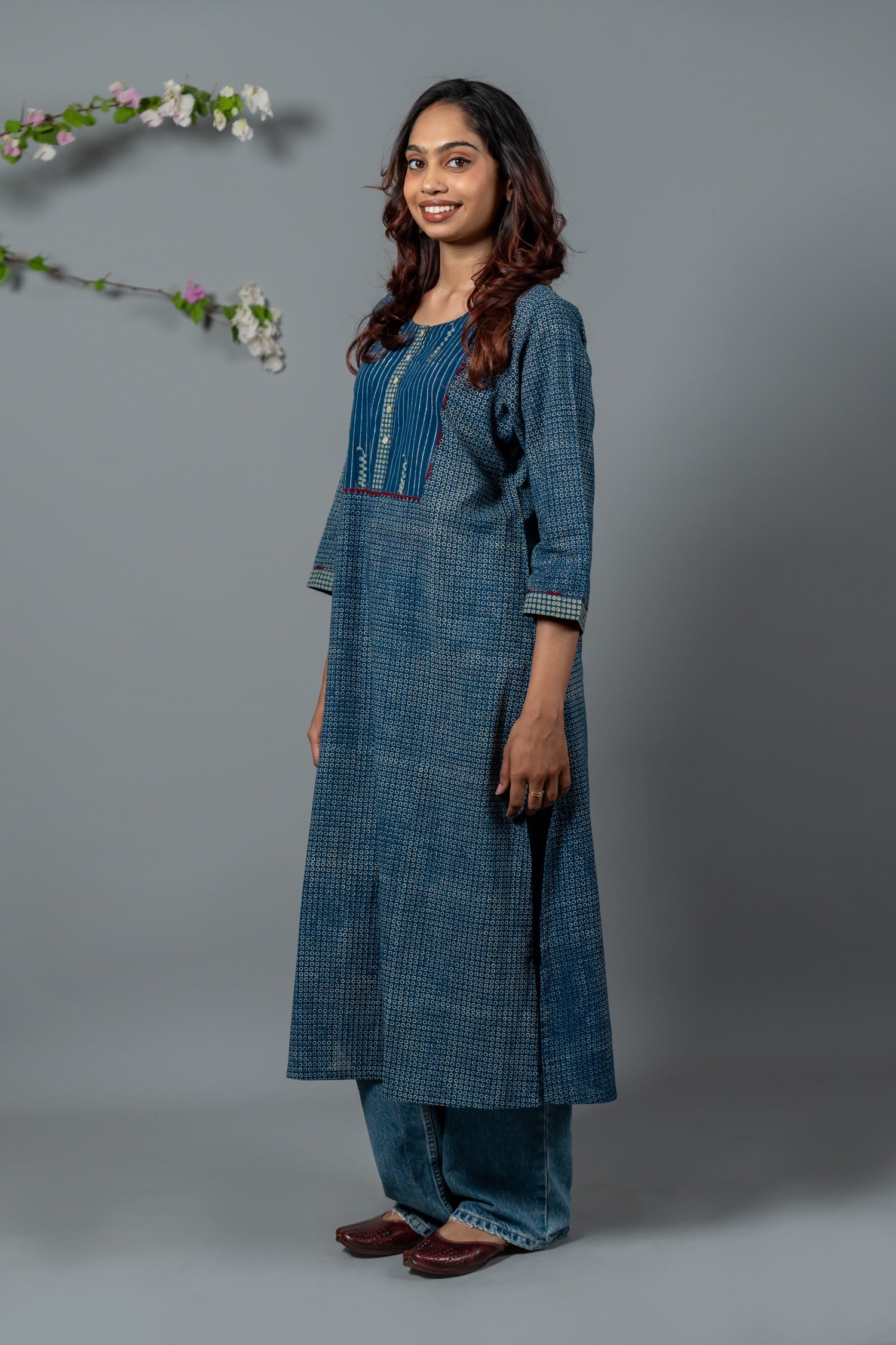 Parat Indigo Blue Block Print Mul Cotton Kurta