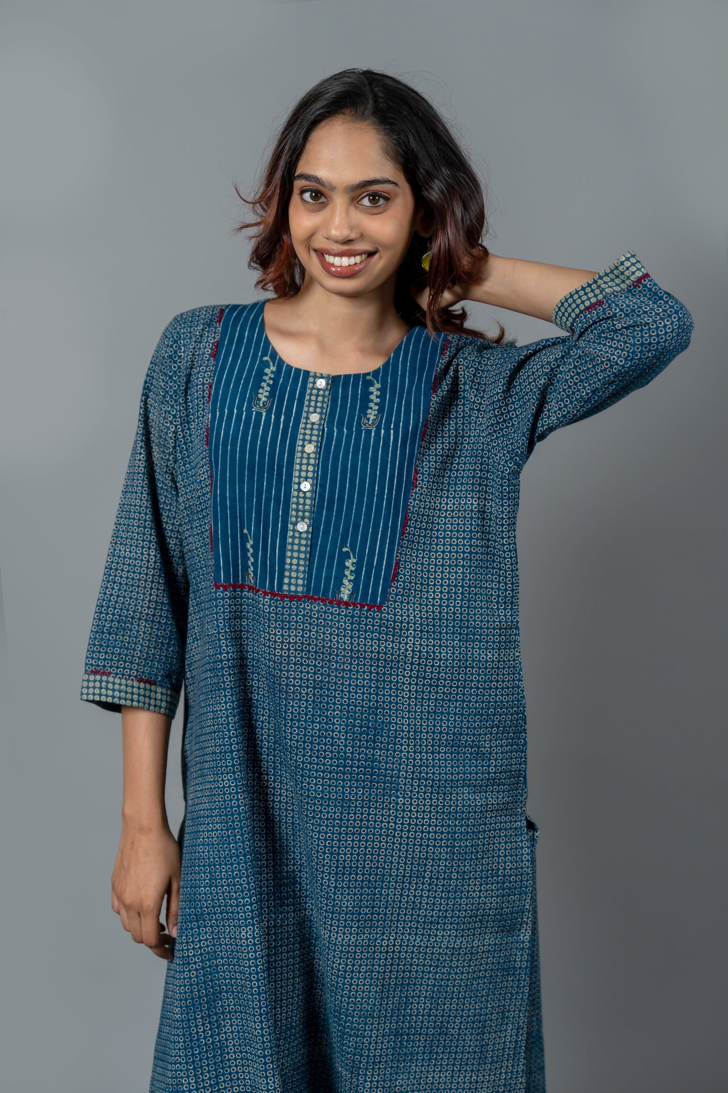 Parat Indigo Blue Block Print Mul Cotton Kurta