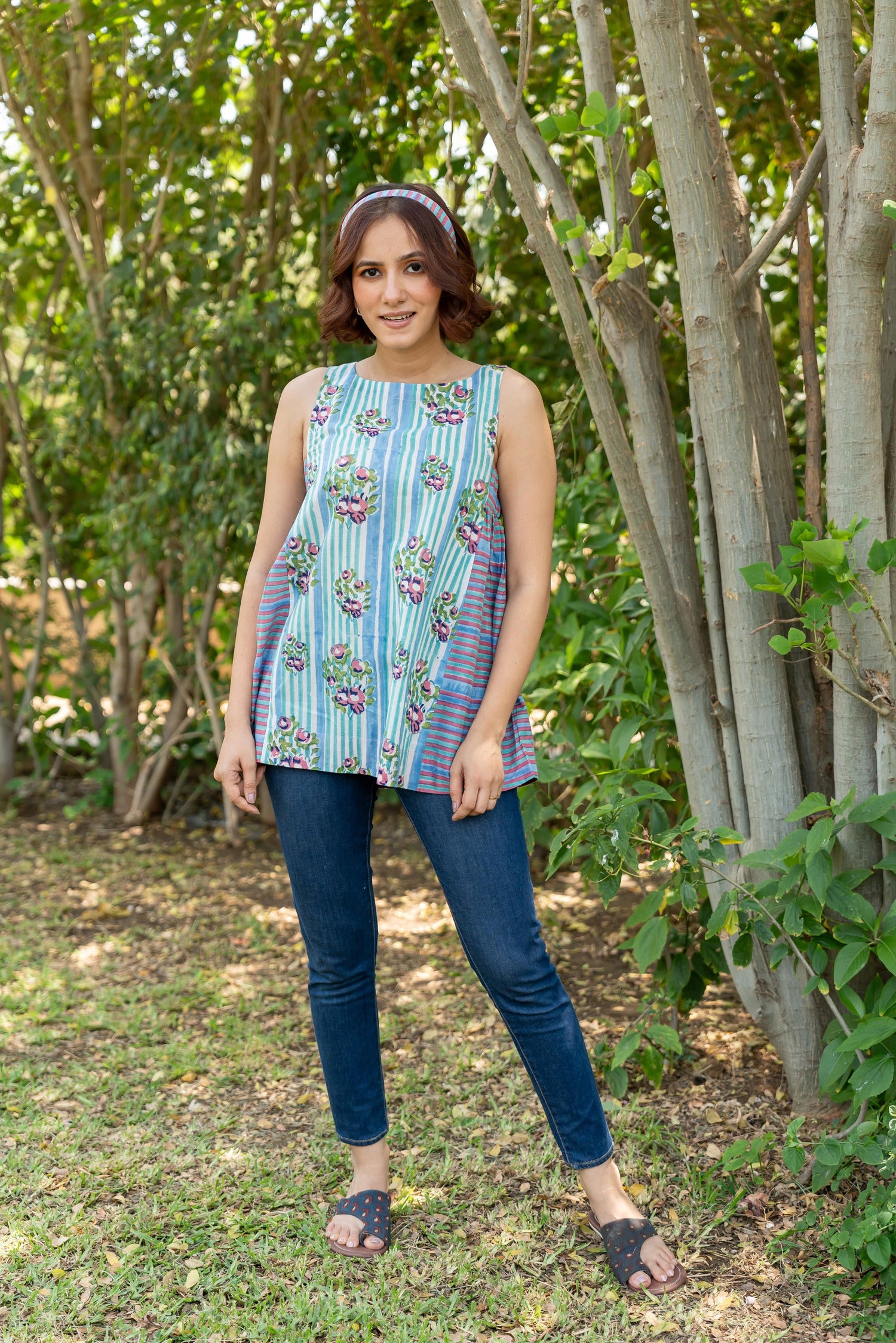 Gul Sea Green Block Print Cotton Top | Ray-ethnic