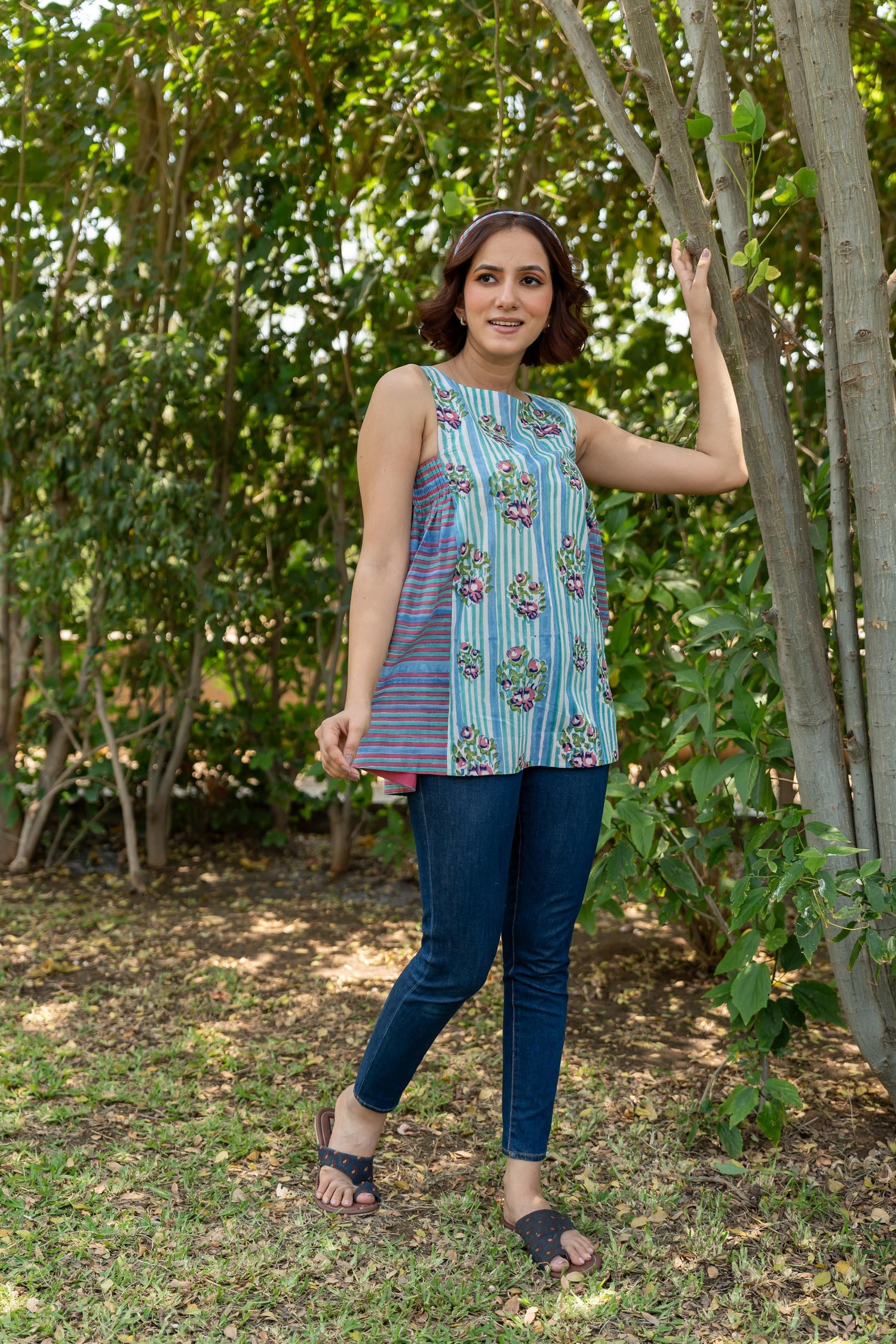 Gul Sea Green Block Print Cotton Top | Ray-ethnic