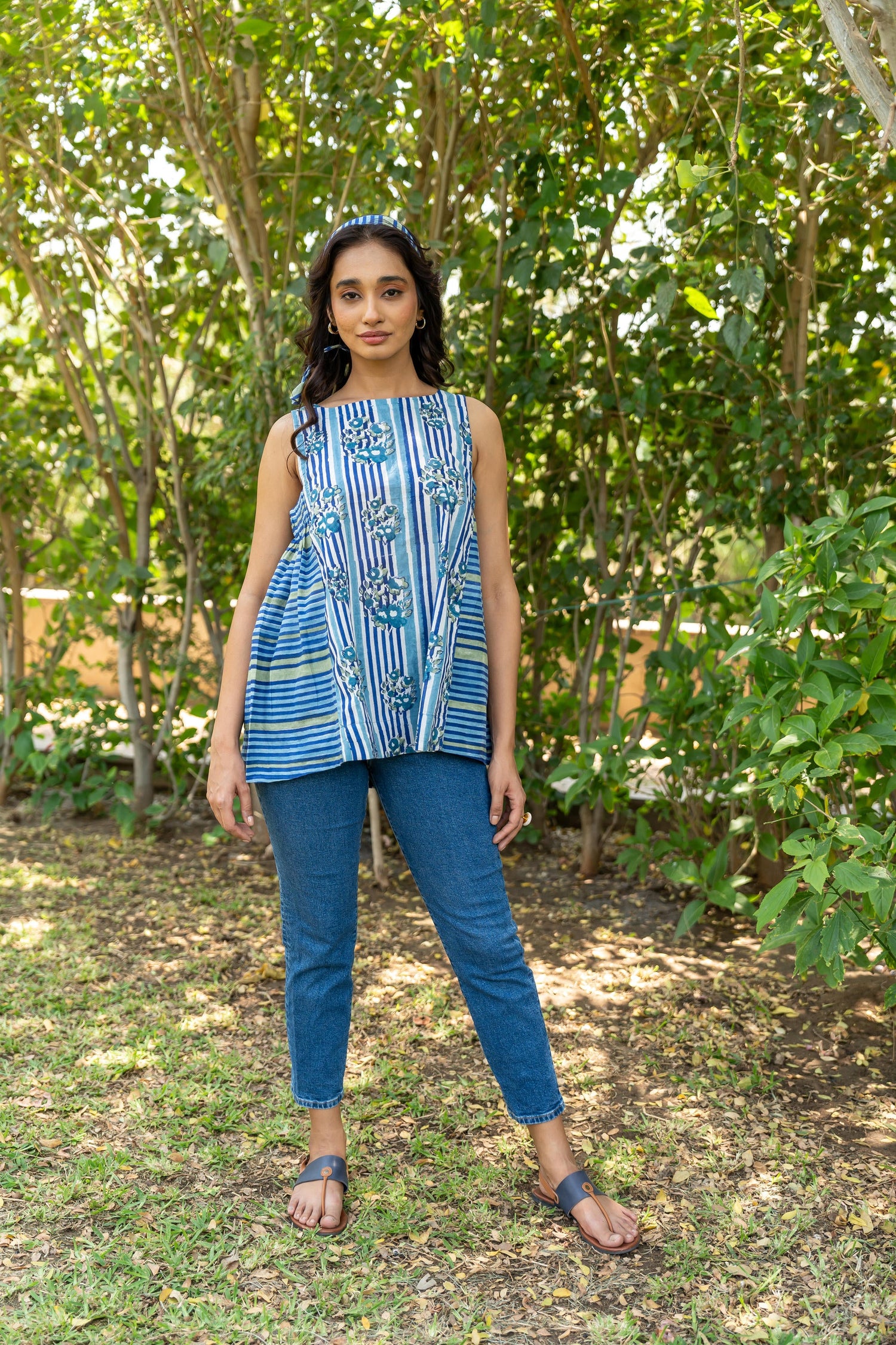 Gul Blue Block Print Cotton Top | Ray-ethnic