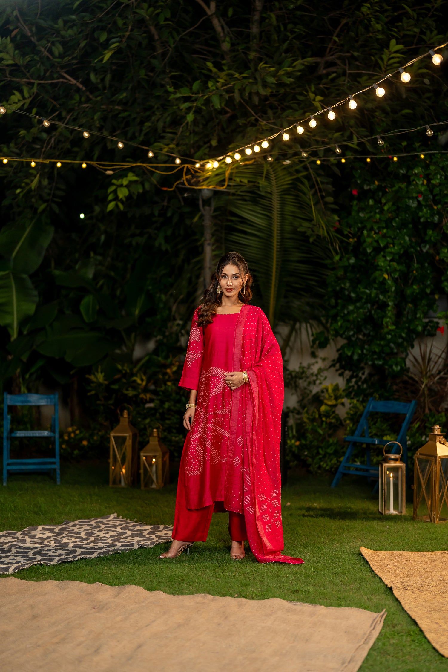 Ray Ethnic Ira | Muga Silk Bandhej Kurta Set of 3 with Hand-Embroidered Dupatta