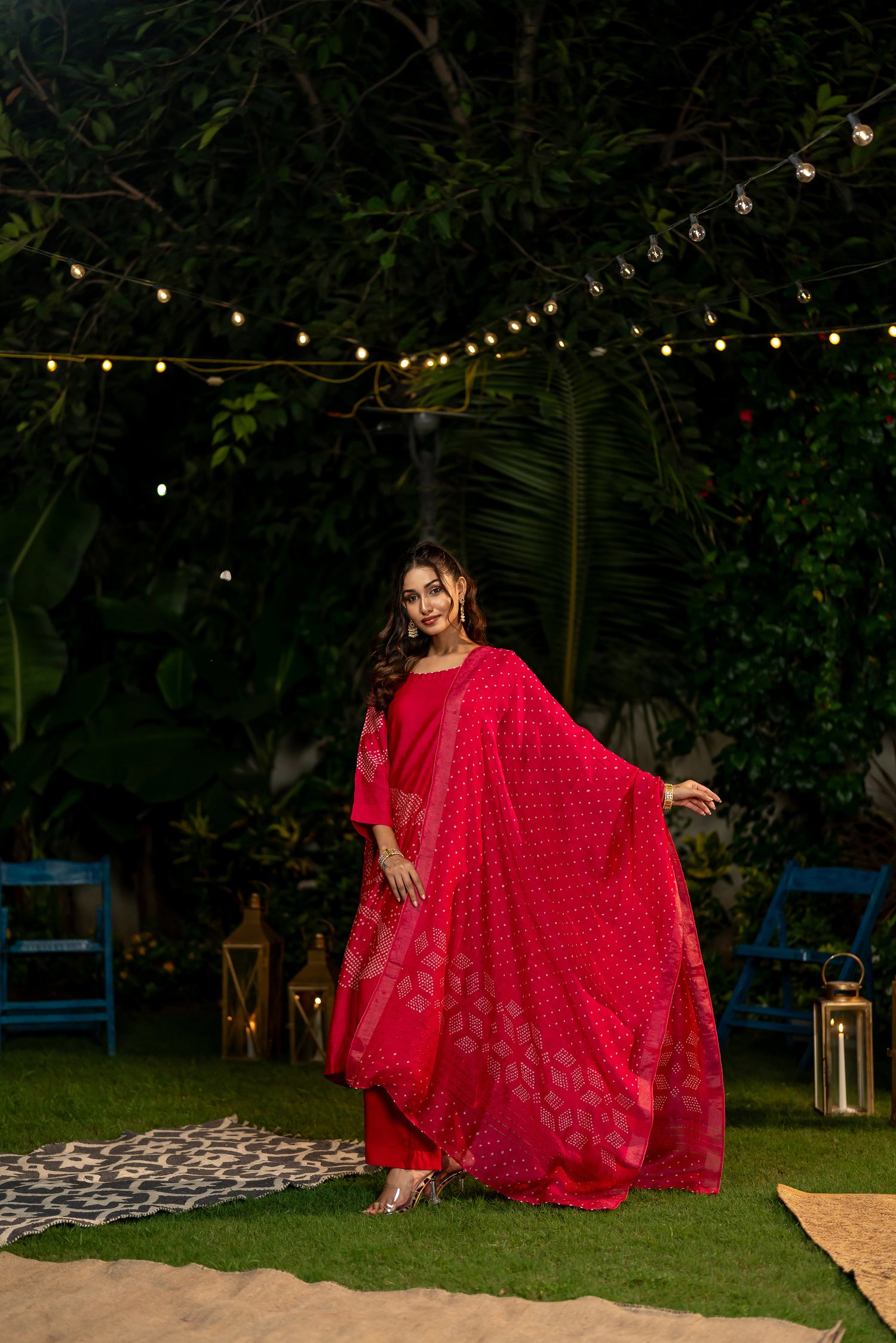 Ray Ethnic Ira | Muga Silk Bandhej Kurta Set of 3 with Hand-Embroidered Dupatta