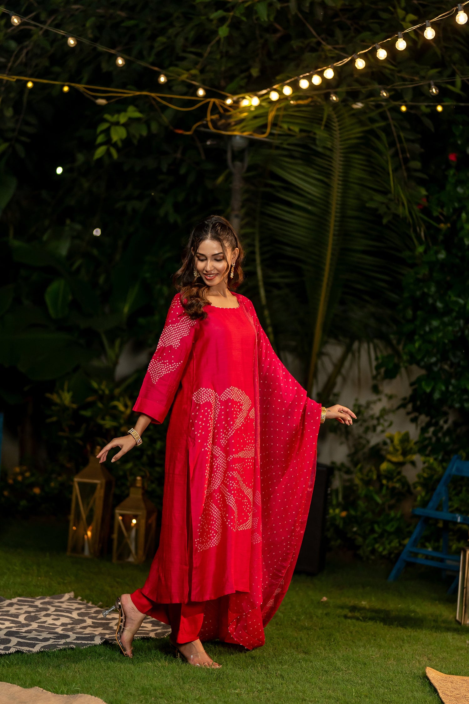 Ray Ethnic Ira | Muga Silk Bandhej Kurta Set of 3 with Hand-Embroidered Dupatta
