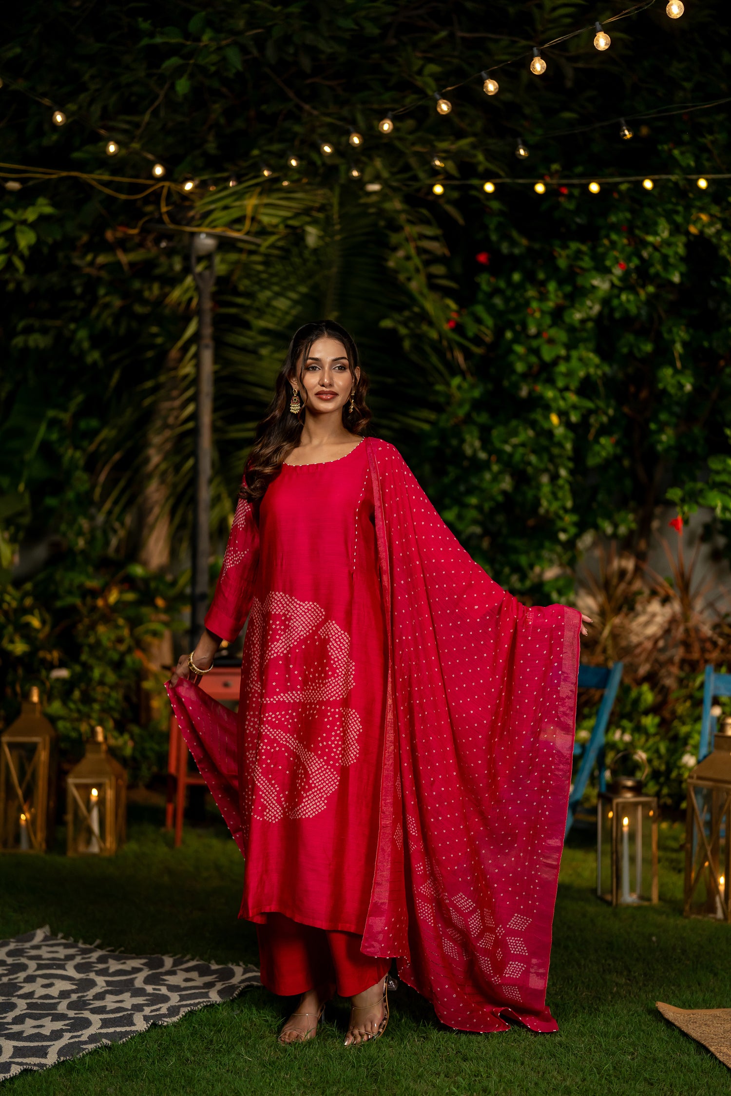 Ray Ethnic Ira | Muga Silk Bandhej Kurta Set of 3 with Hand-Embroidered Dupatta