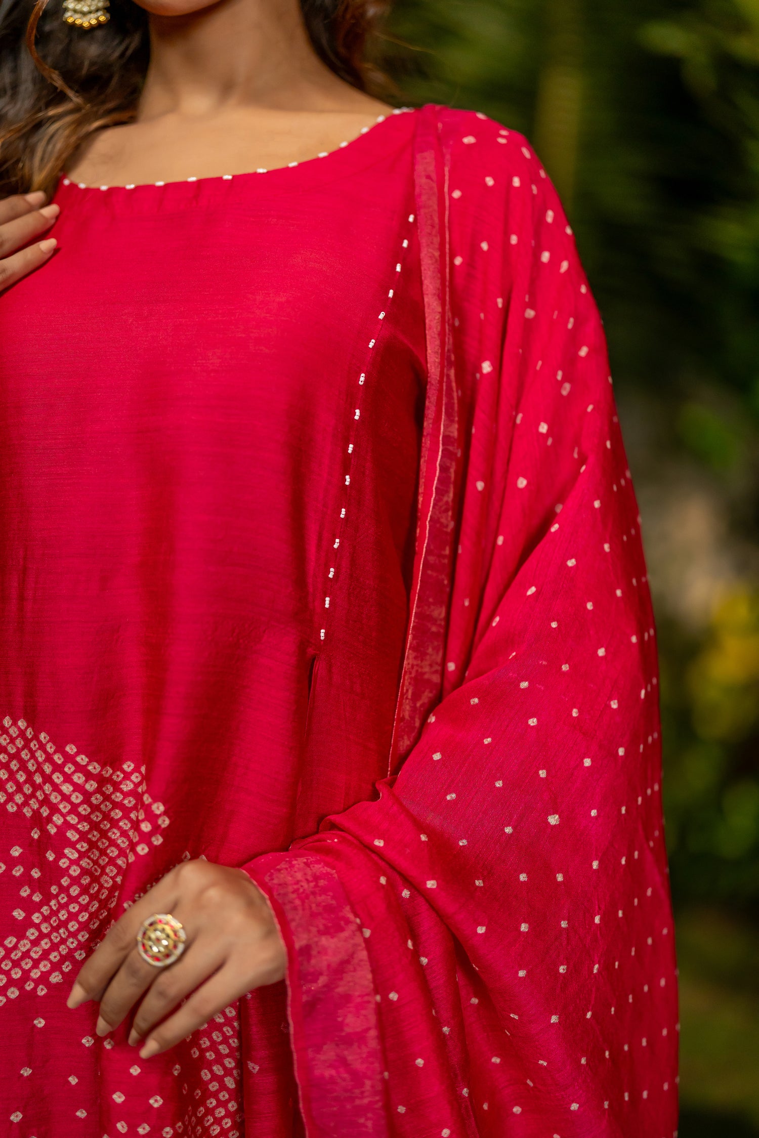 Ray Ethnic Ira | Muga Silk Bandhej Kurta Set of 3 with Hand-Embroidered Dupatta