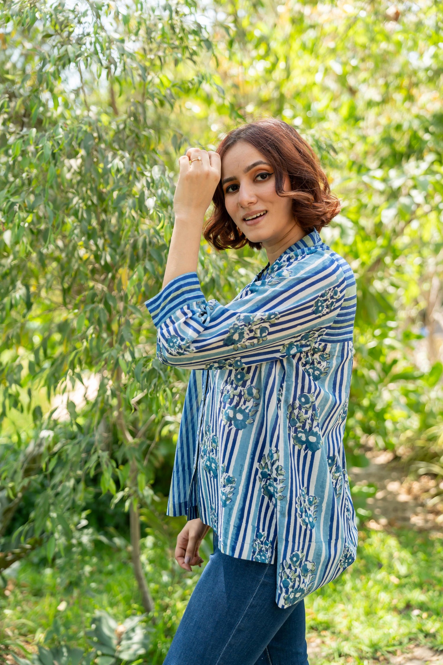Gul Blue Block Print Cotton Shirt | Ray-ethnic