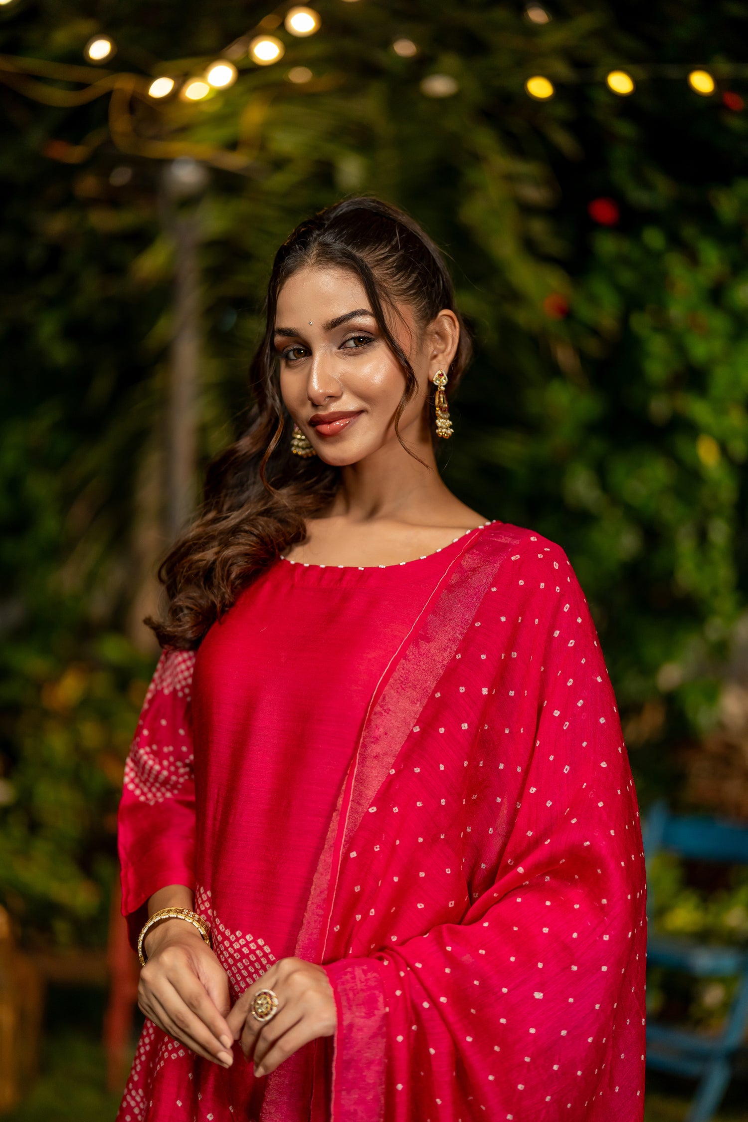 Ray Ethnic Ira | Muga Silk Bandhej Kurta Set of 3 with Hand-Embroidered Dupatta