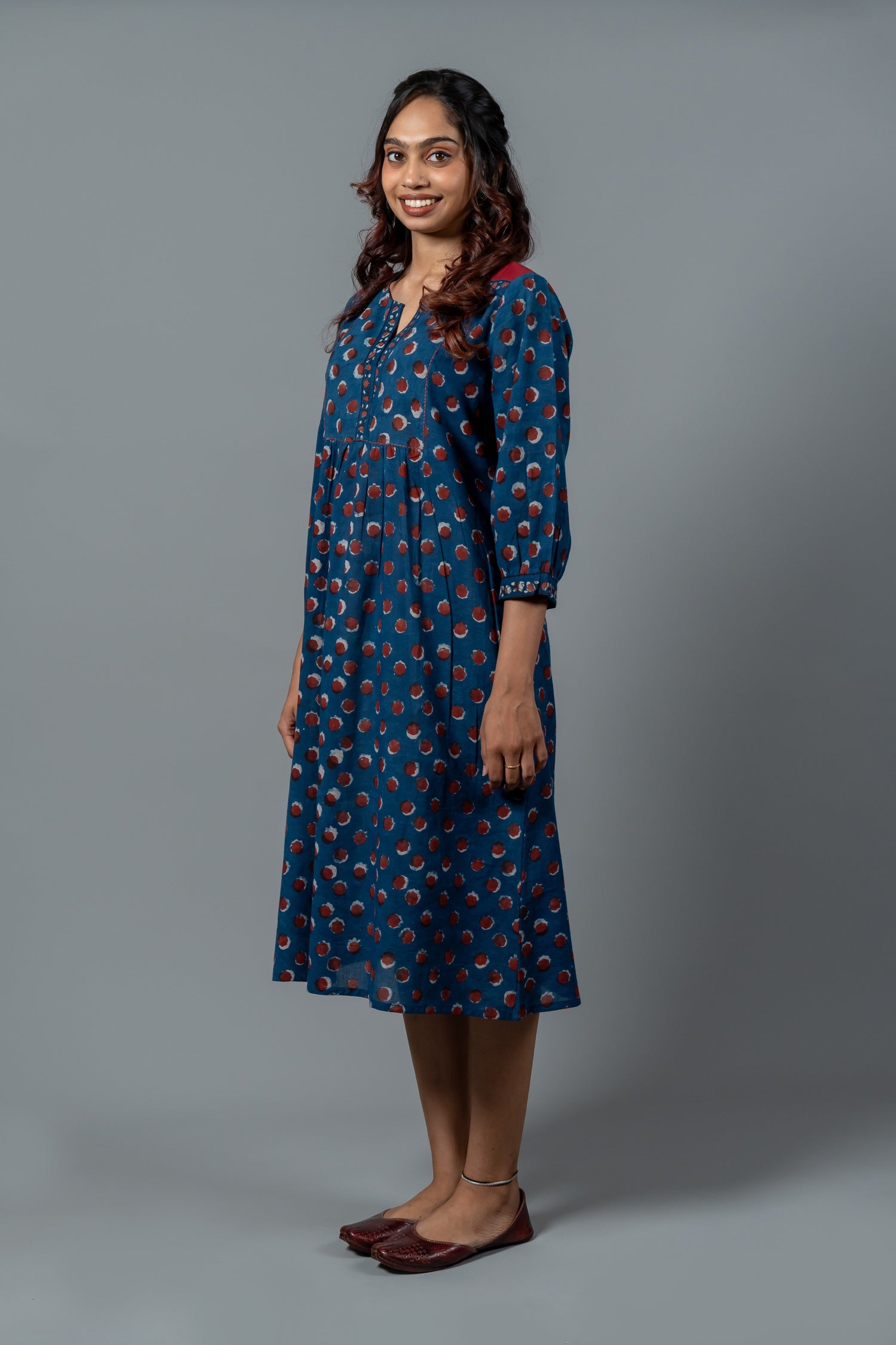 Parat Blue Polka Block Print Mul Cotton Dress