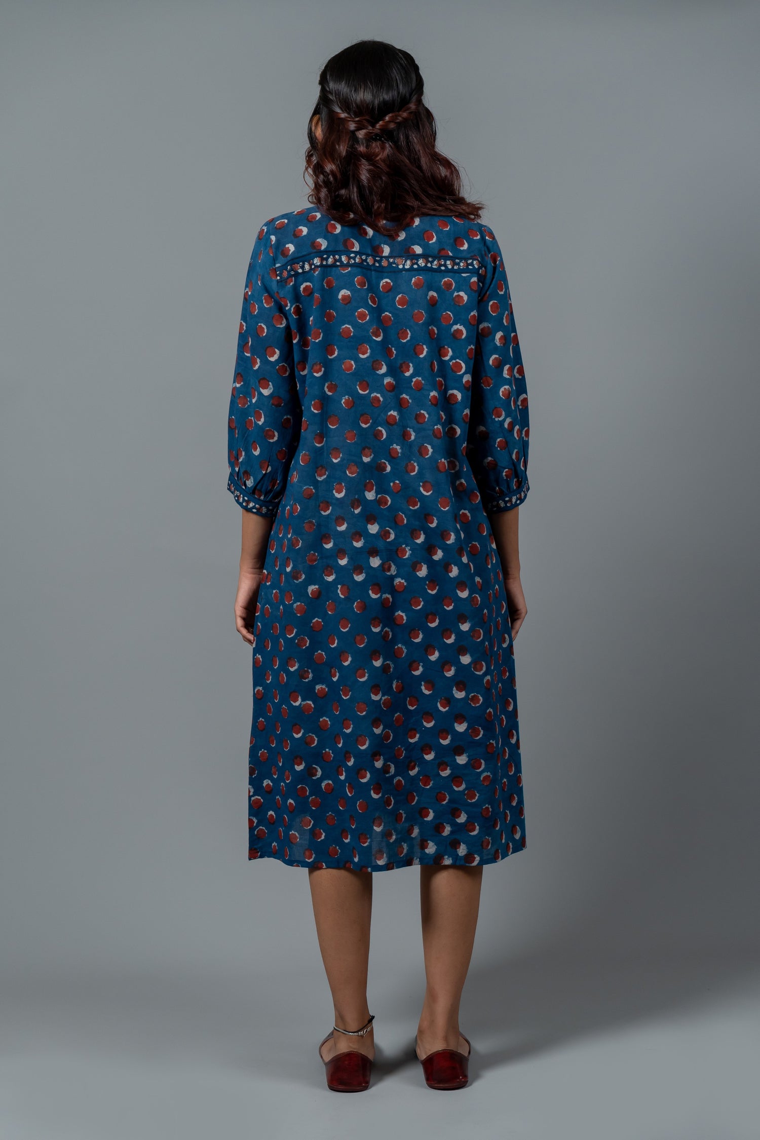 Parat Blue Polka Block Print Mul Cotton Dress