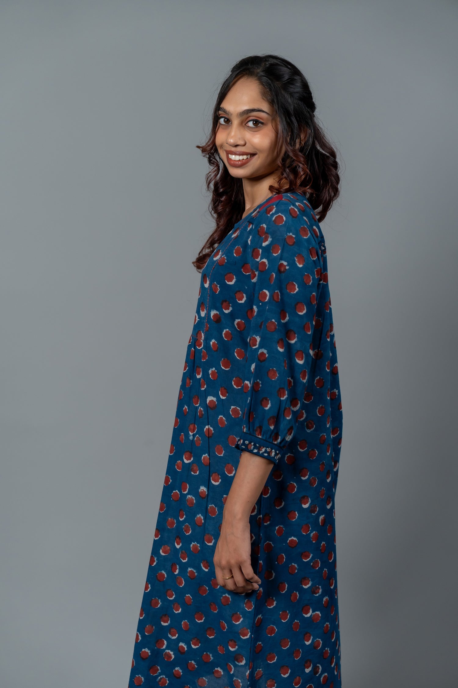 Parat Blue Polka Block Print Mul Cotton Dress