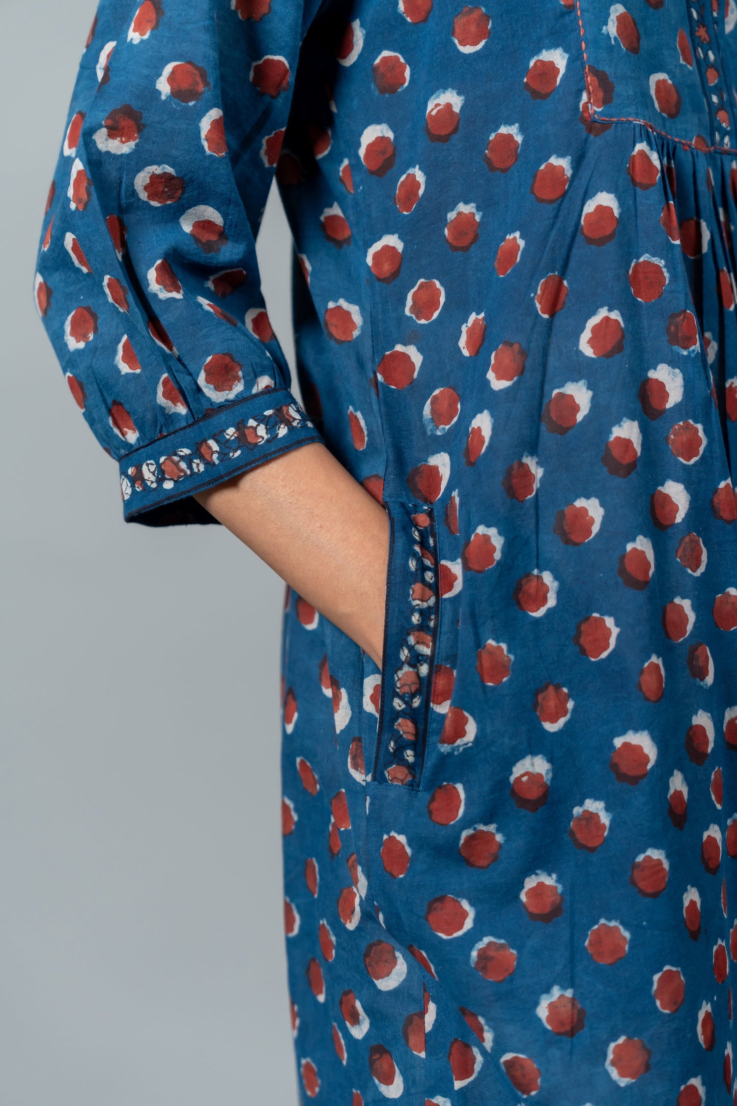 Parat Blue Polka Block Print Mul Cotton Dress