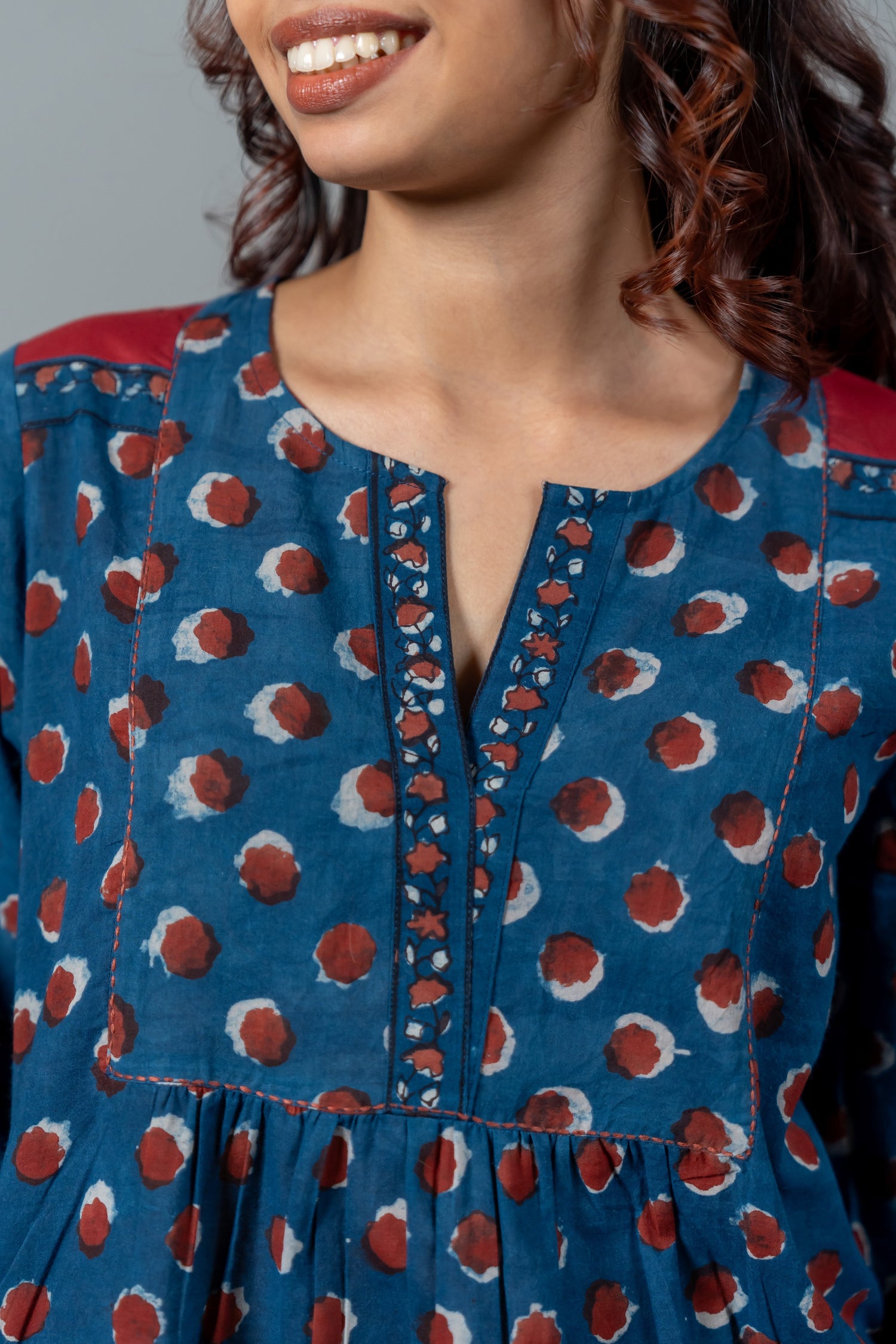 Parat Blue Polka Block Print Mul Cotton Dress