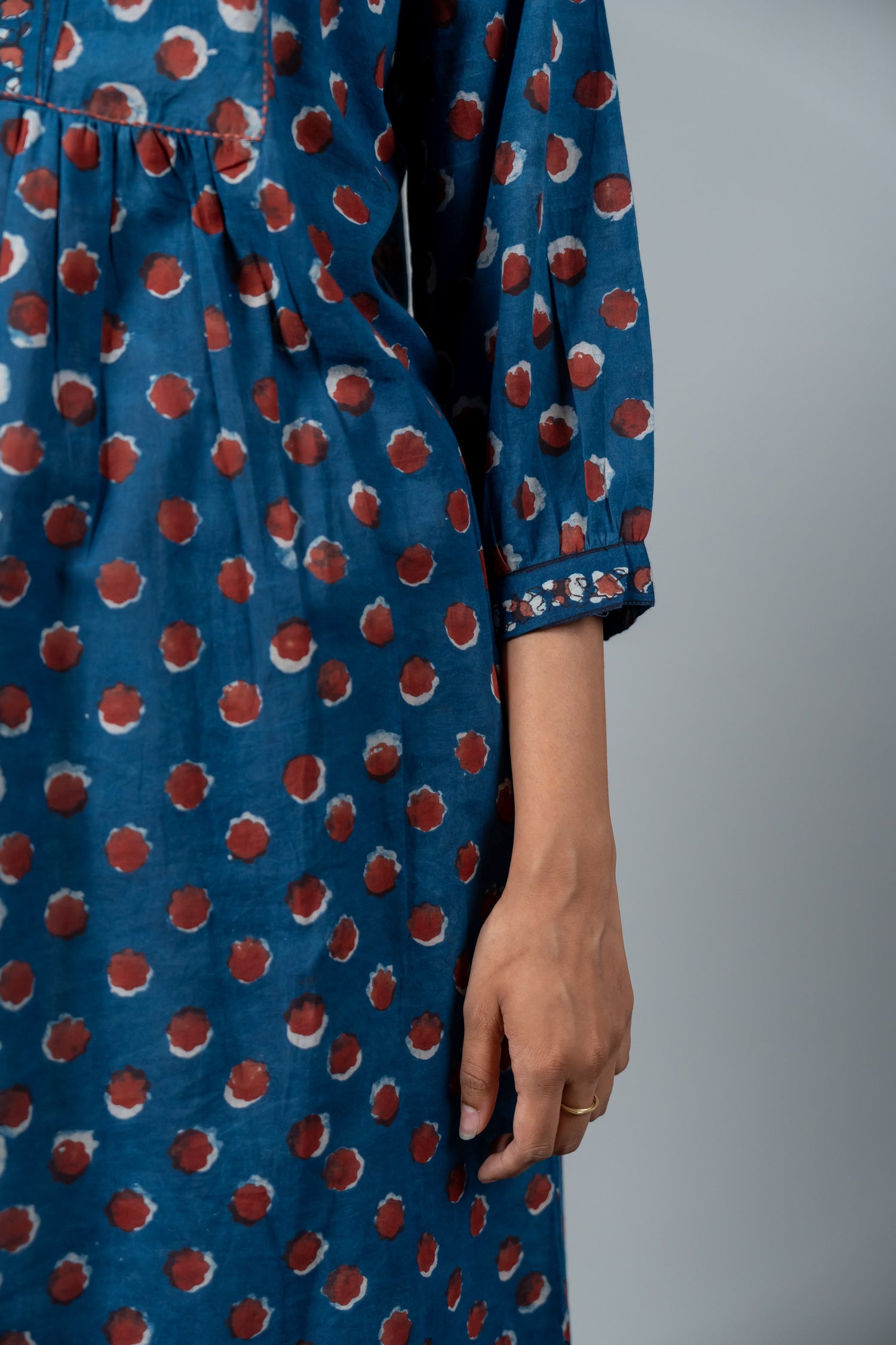 Parat Blue Polka Block Print Mul Cotton Dress