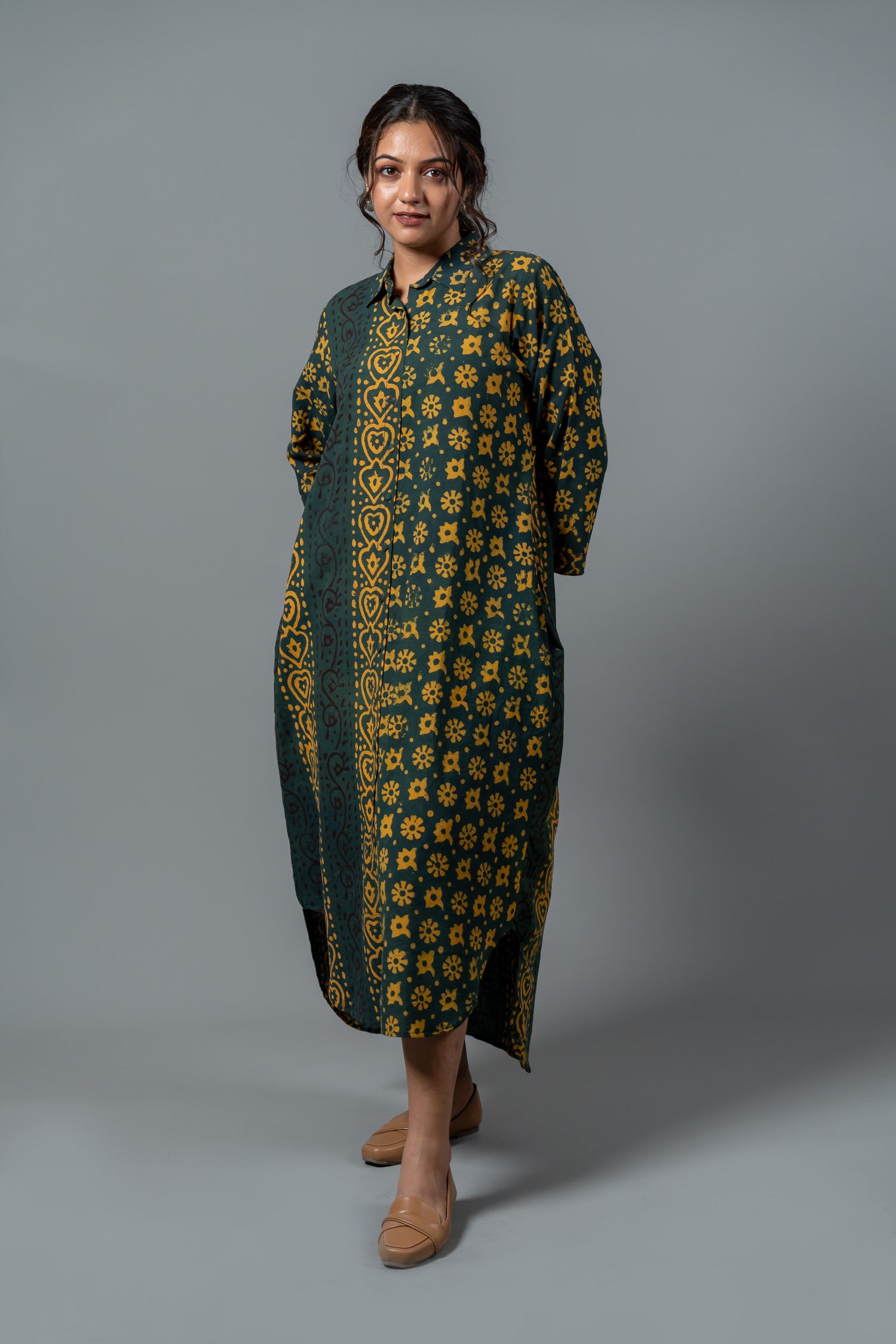 Parat Block Print Mul Cotton Green Panel Dress