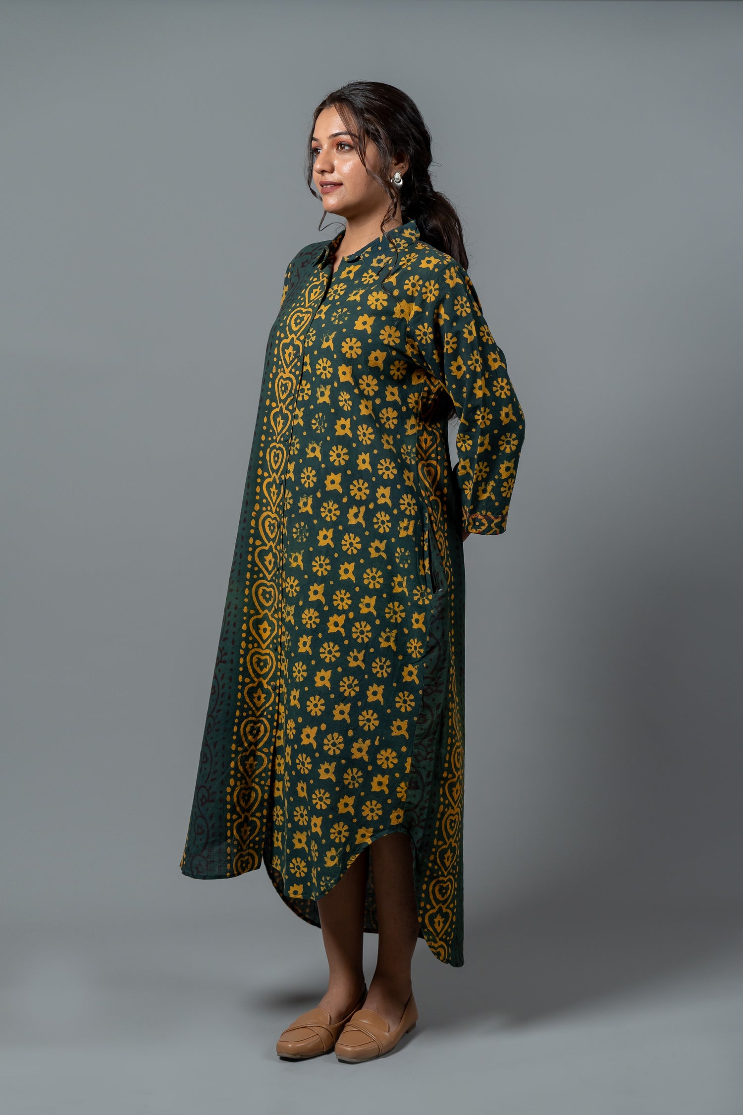 Parat Block Print Mul Cotton Green Panel Dress