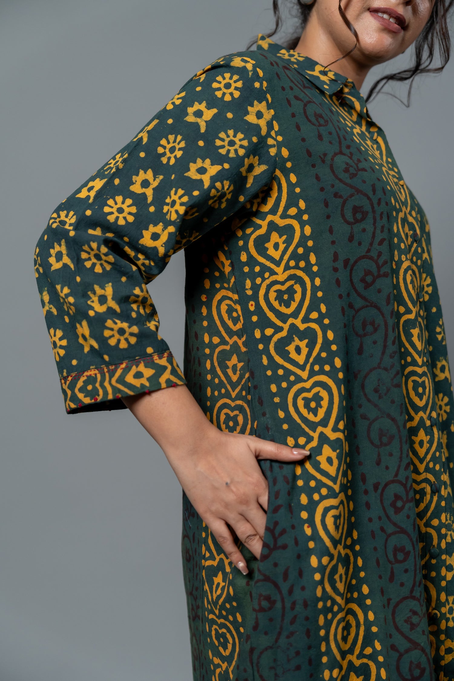 Parat Block Print Mul Cotton Green Panel Dress