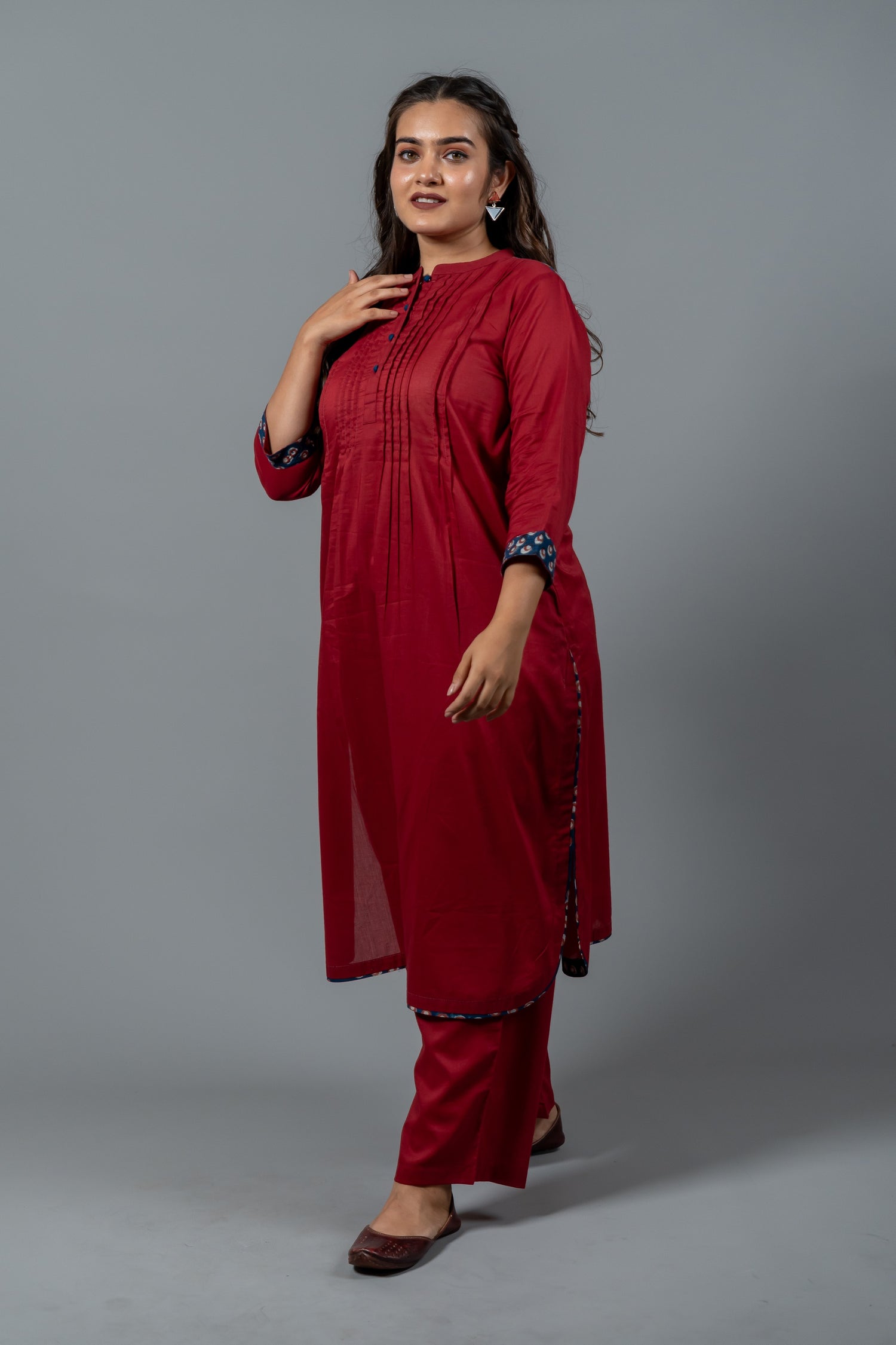Maroon Solid Pintuck Mul Cotton Kurta Set of Two
