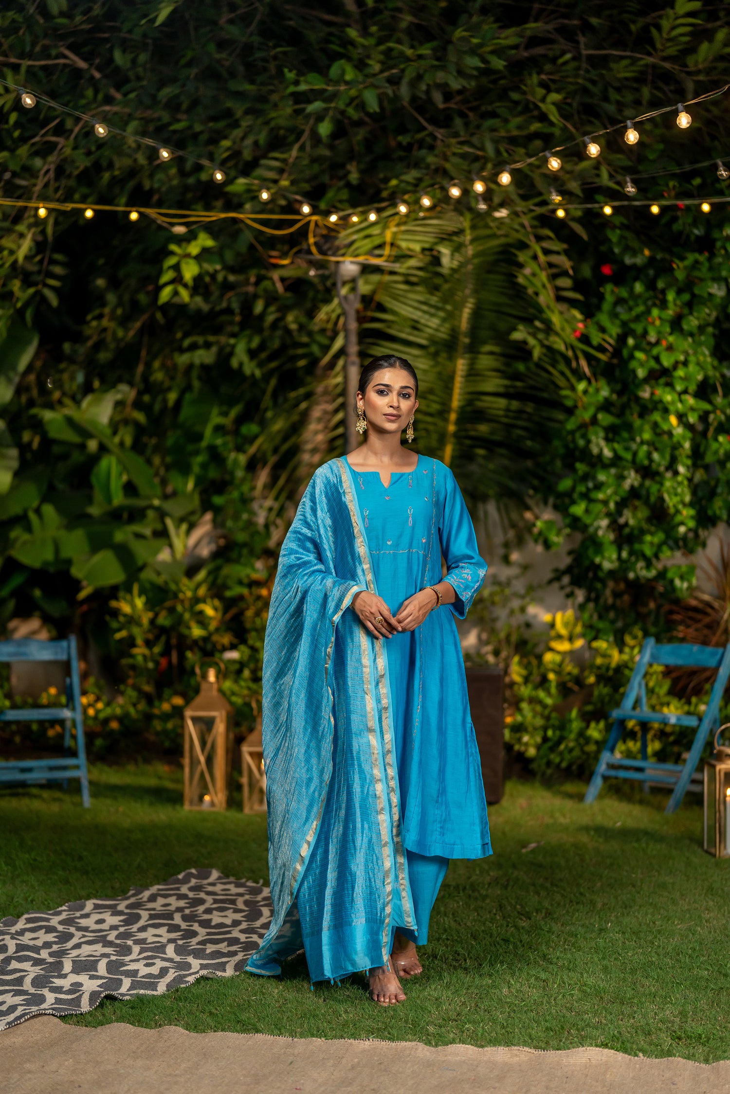 Ray Ethnic Ira | Handcrafted Light Chanderi Silk Kurta Set of 3 with Mughal Butta & Cotton-Silk Dupatta