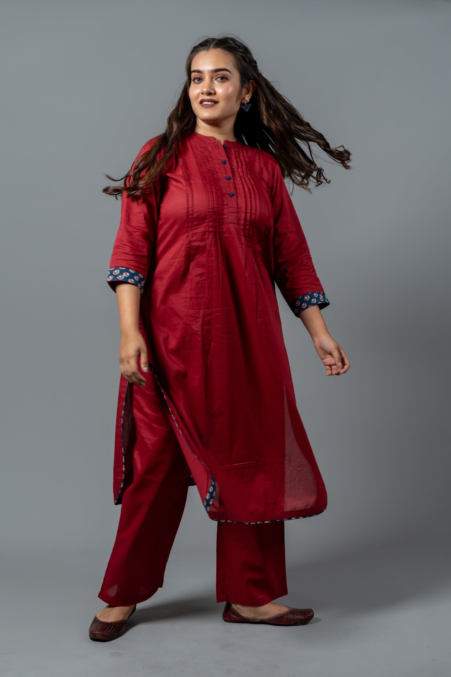 Maroon Solid Pintuck Mul Cotton Kurta Set of Two