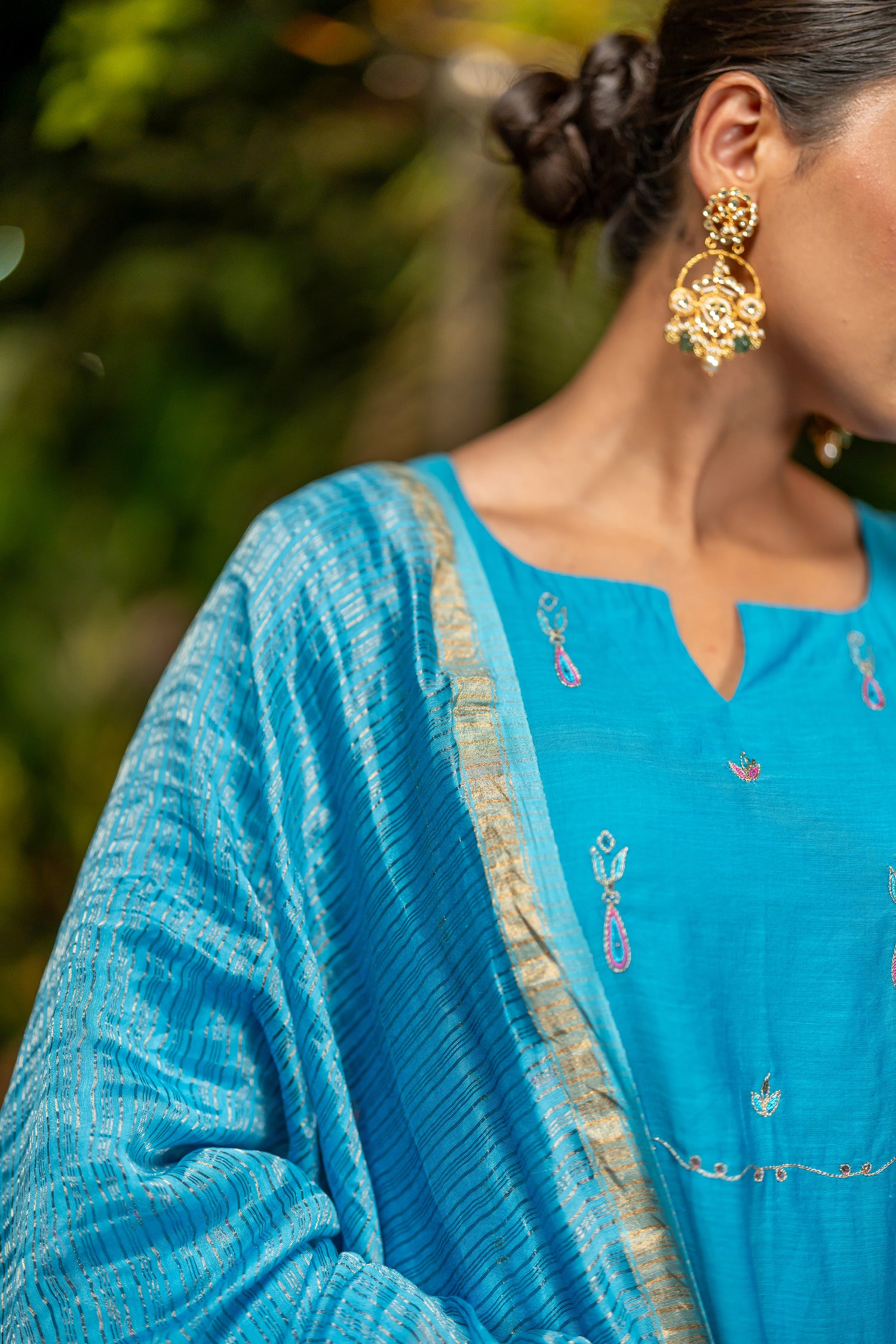 Ray Ethnic Ira | Handcrafted Light Chanderi Silk Kurta Set of 3 with Mughal Butta & Cotton-Silk Dupatta