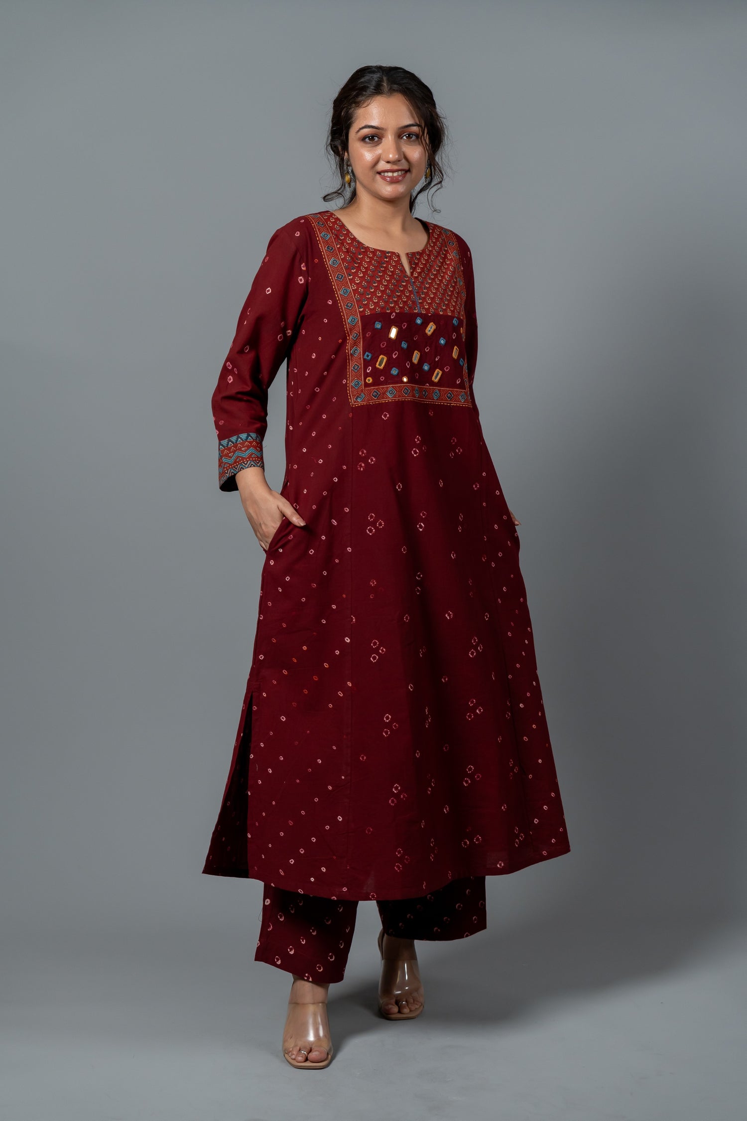 Parat Maroon Bandhani Hand Embroidered Mul Cotton Kurta Set of Two