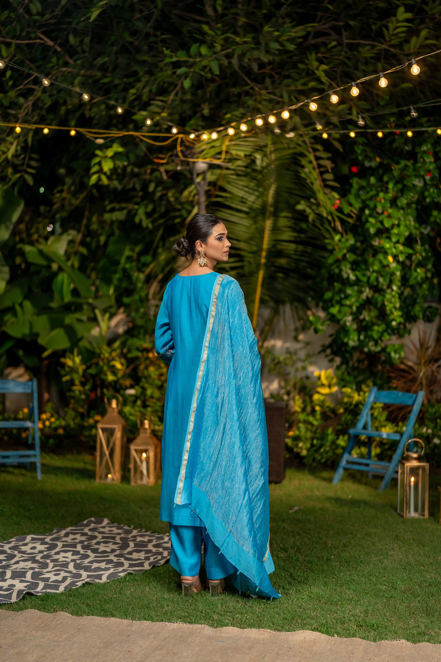 Ray Ethnic Ira | Handcrafted Light Chanderi Silk Kurta Set of 3 with Mughal Butta & Cotton-Silk Dupatta