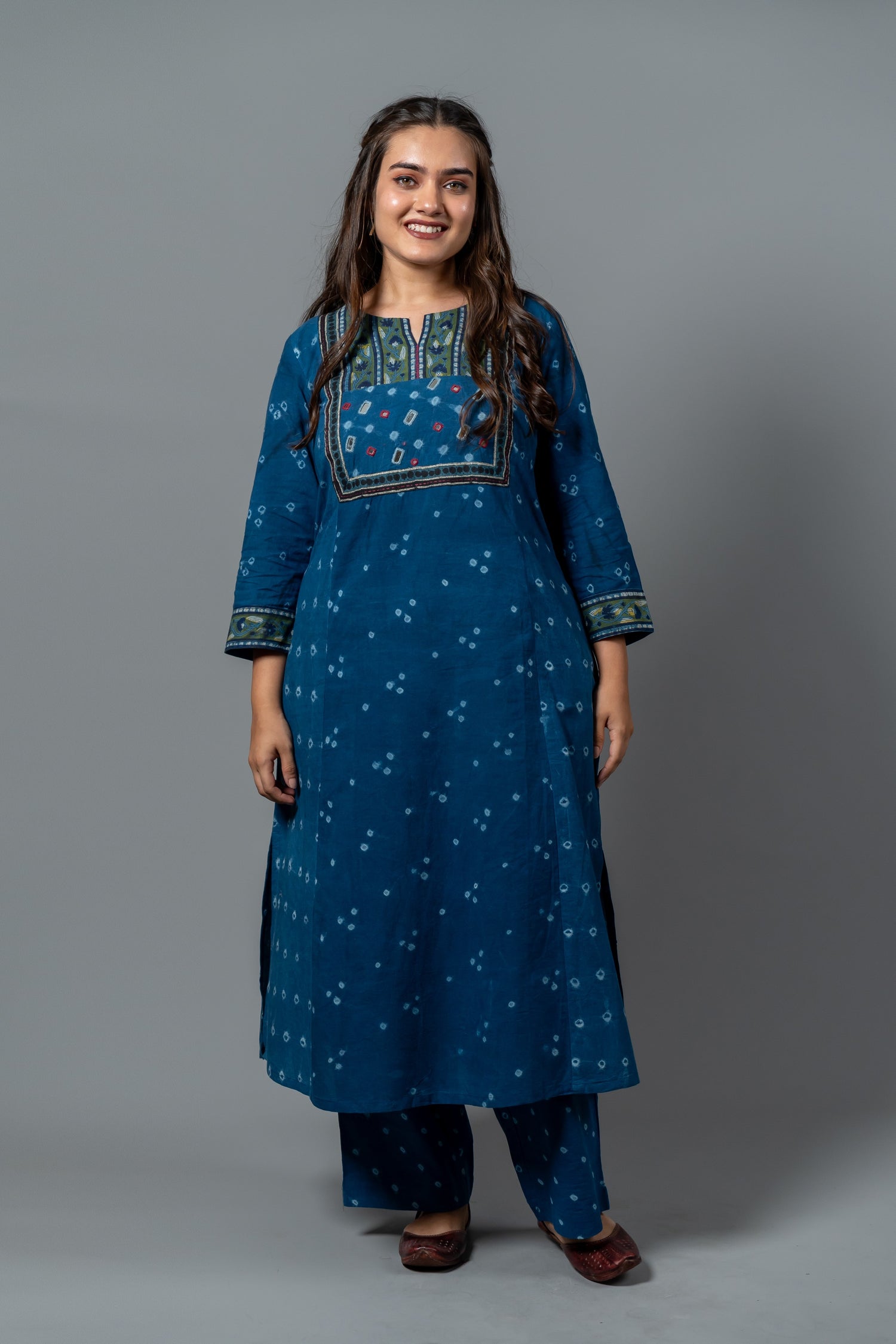 Parat Deep Blue Bandhani Hand Embroidered Mul Cotton Kurta Set of Two