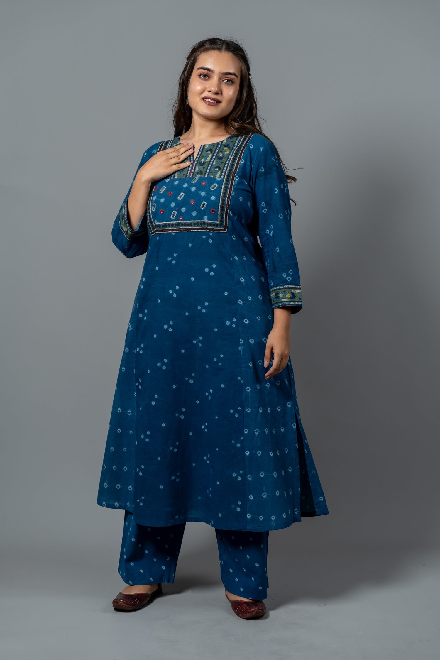 Parat Deep Blue Bandhani Hand Embroidered Mul Cotton Kurta Set of Two