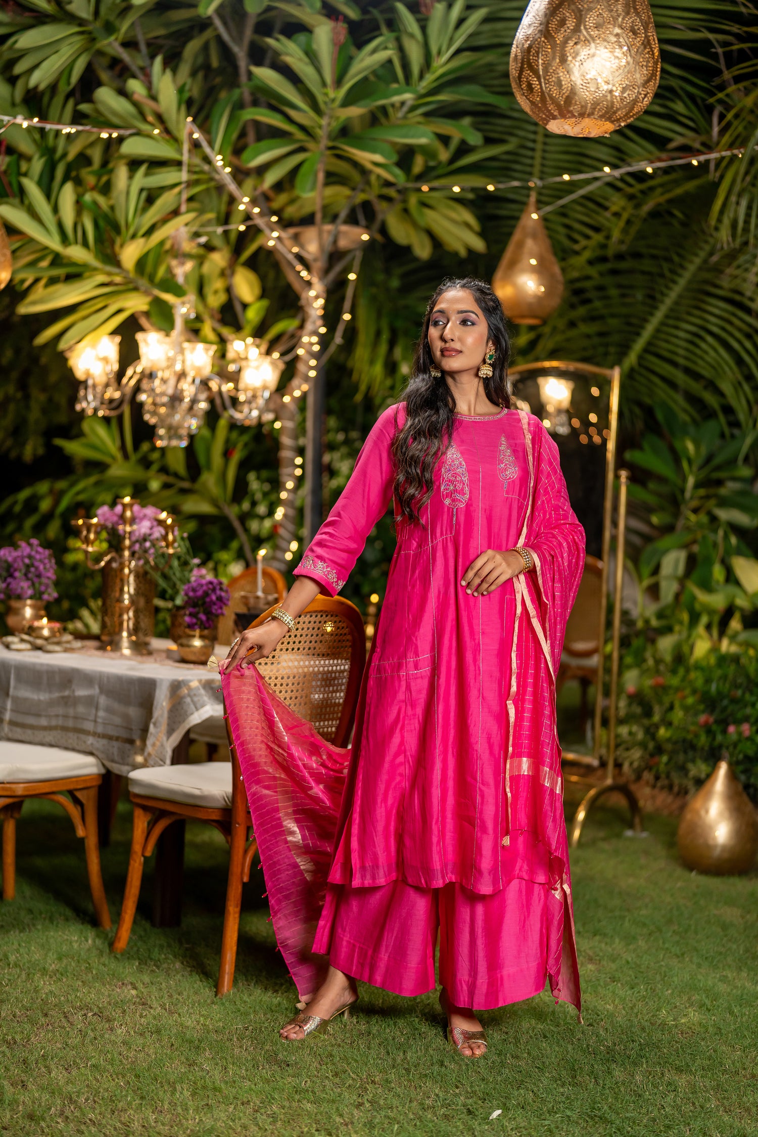 Ray Ethnic Ira | Handcrafted Soft Pink Chanderi Silk Kurta Set of 3 with Cotton-Silk Dupatta