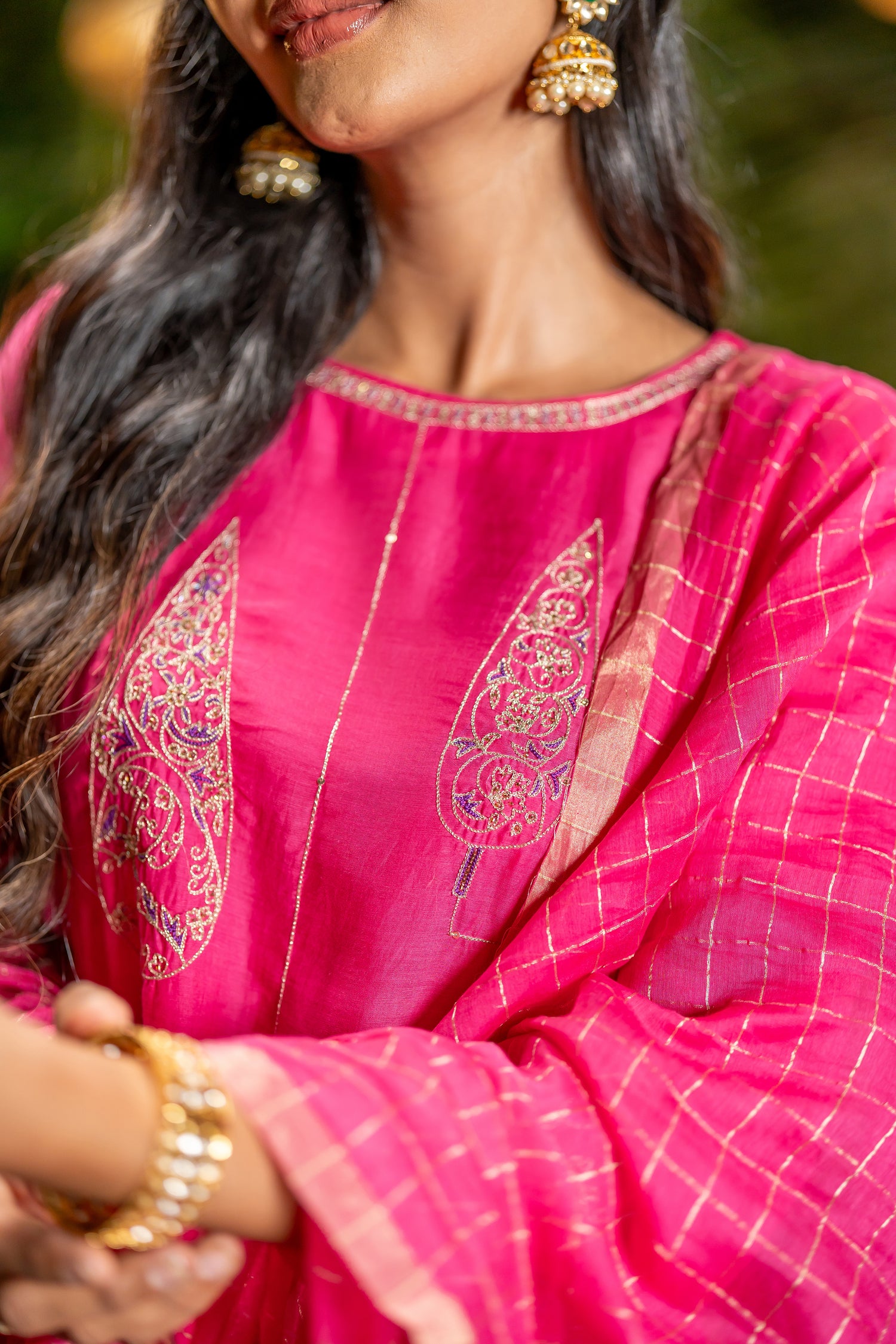 Ray Ethnic Ira | Handcrafted Soft Pink Chanderi Silk Kurta Set of 3 with Cotton-Silk Dupatta