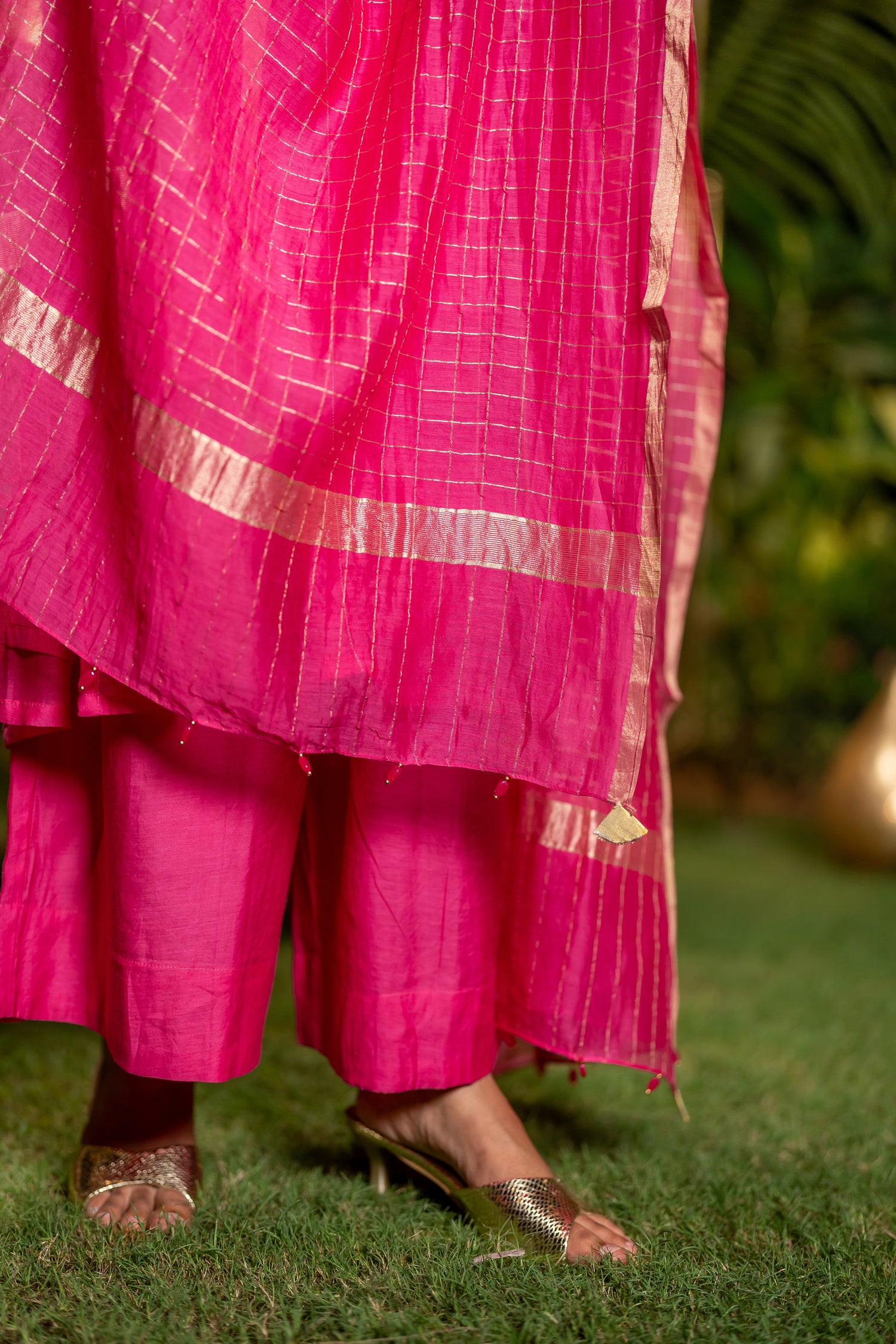 Ray Ethnic Ira | Handcrafted Soft Pink Chanderi Silk Kurta Set of 3 with Cotton-Silk Dupatta
