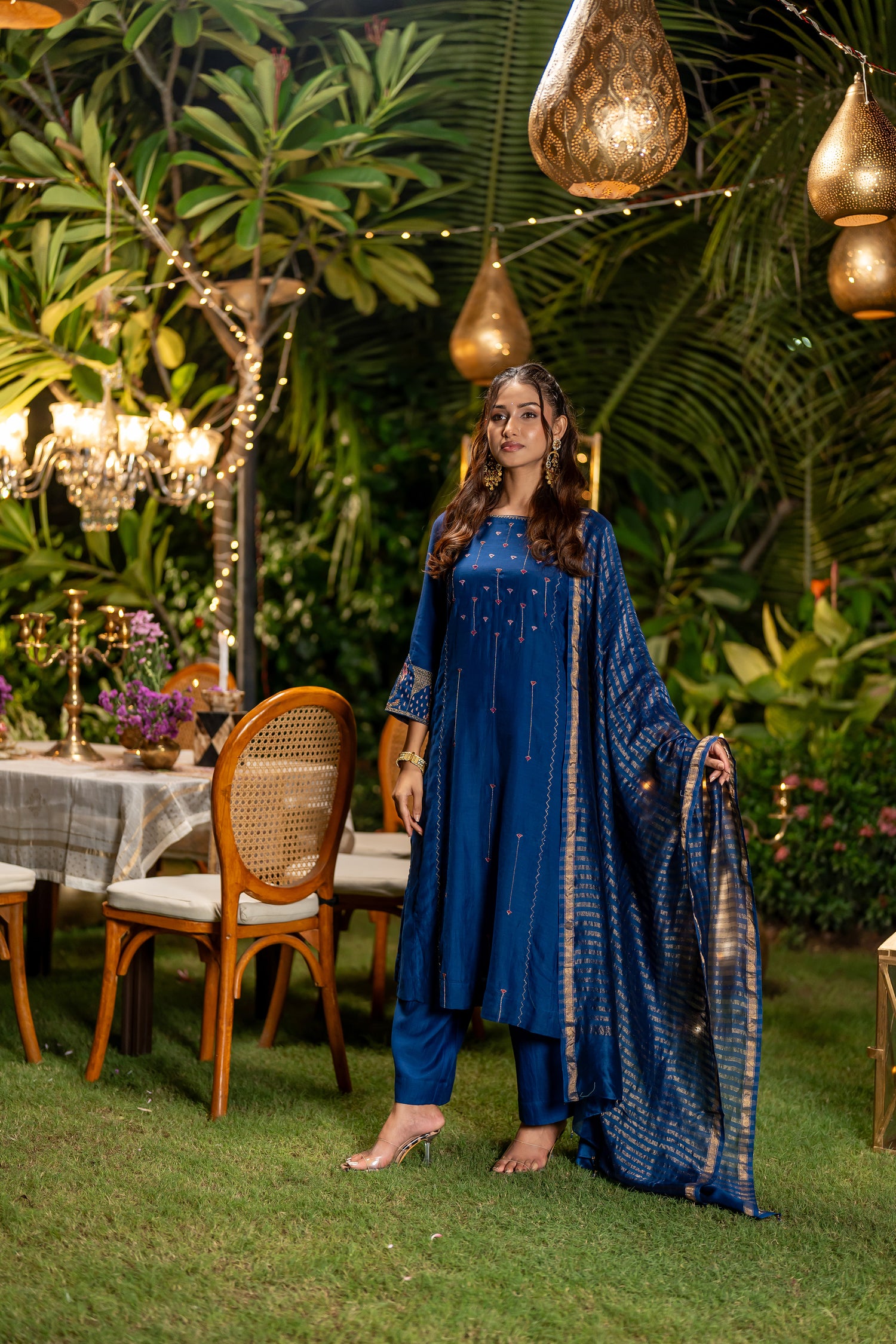 Ray Ethnic Ira | Handcrafted Elegant Blue Chanderi Silk Kurta Set of 3 with Cotton-Silk Dupatta