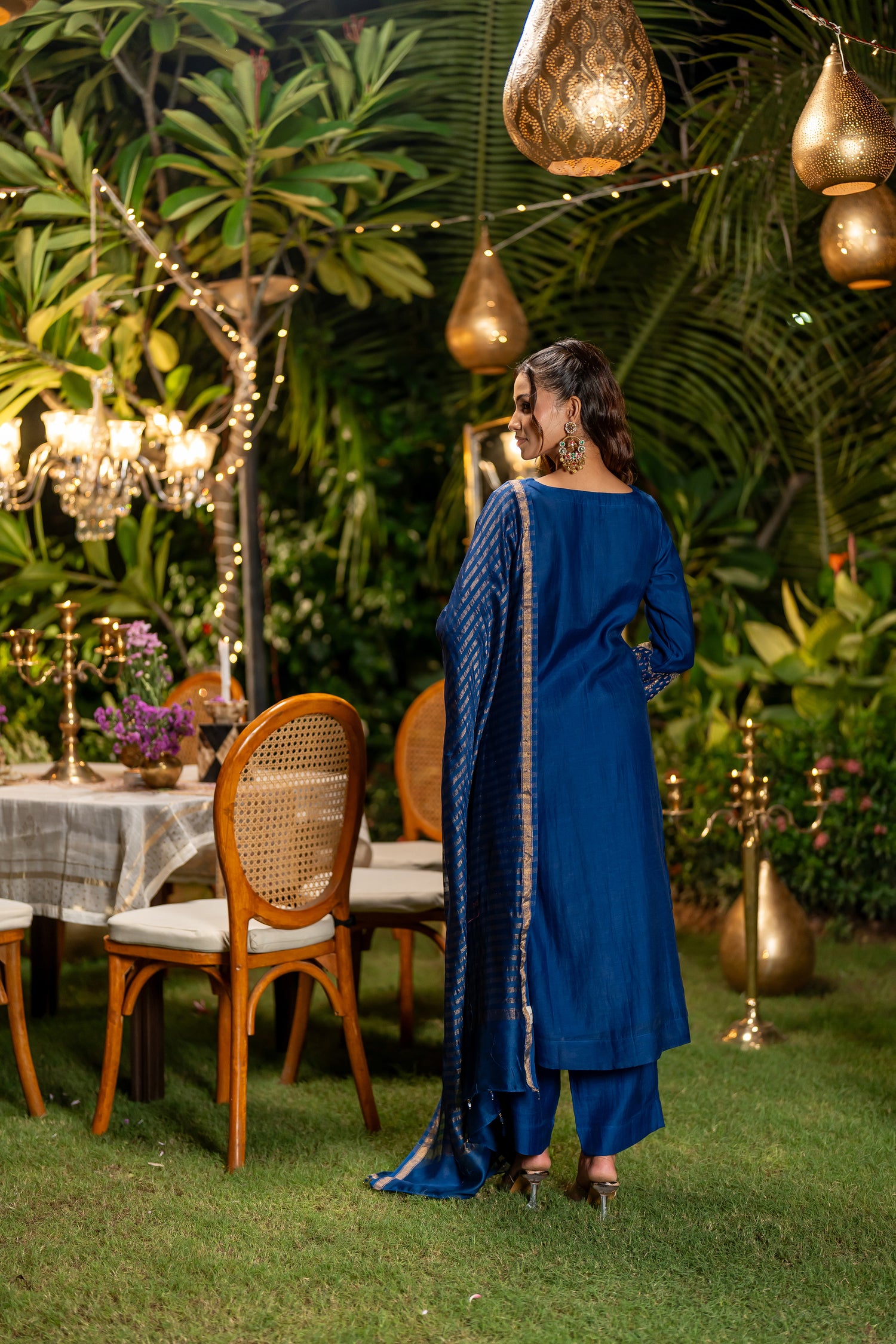 Ray Ethnic Ira | Handcrafted Elegant Blue Chanderi Silk Kurta Set of 3 with Cotton-Silk Dupatta