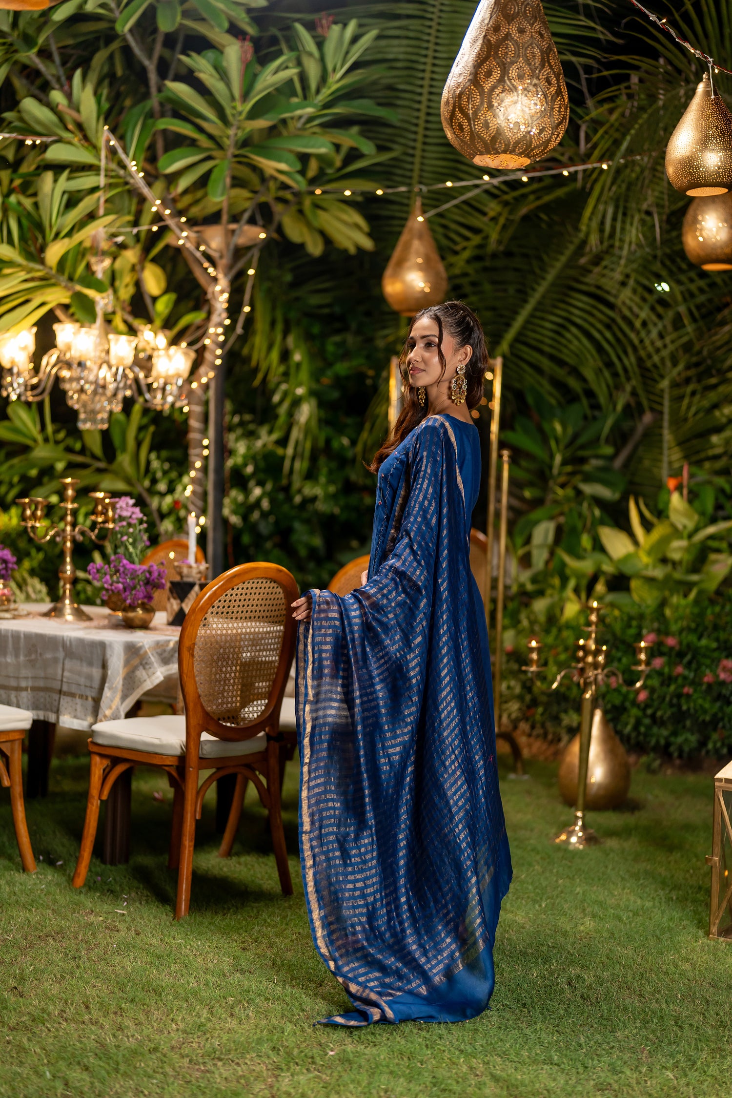 Ray Ethnic Ira | Handcrafted Elegant Blue Chanderi Silk Kurta Set of 3 with Cotton-Silk Dupatta
