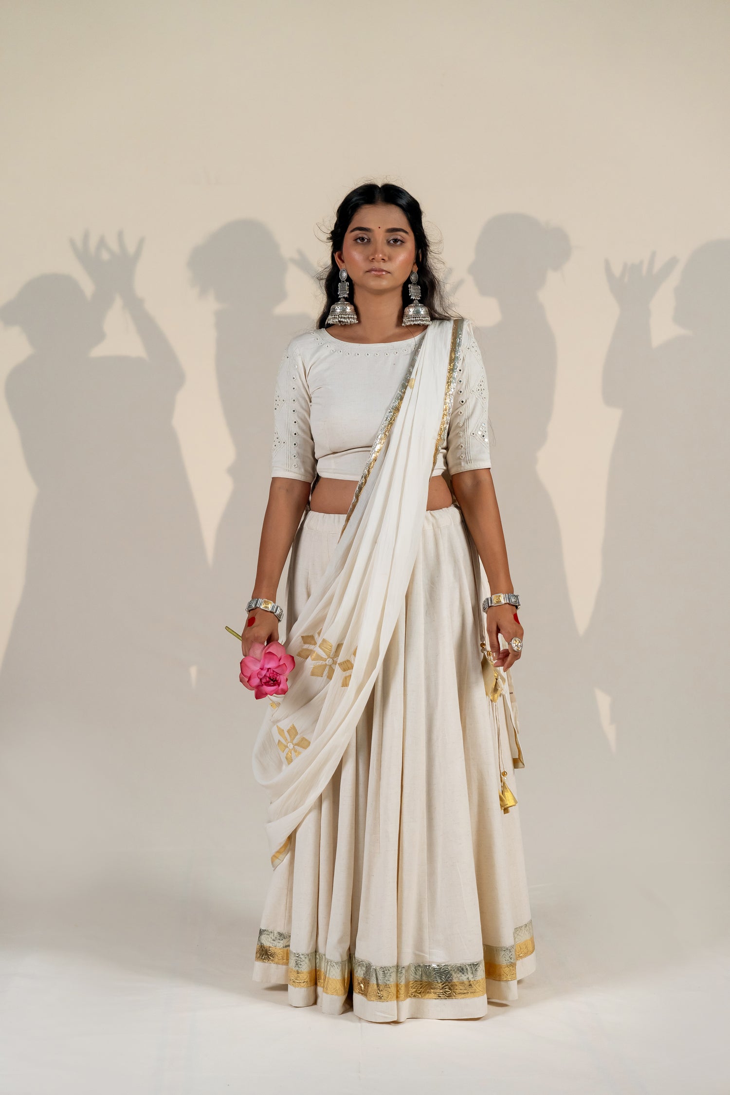 Handcrafted Thick Cotton Skirt in Off-White with Golden & Silver Detailing – NavRas