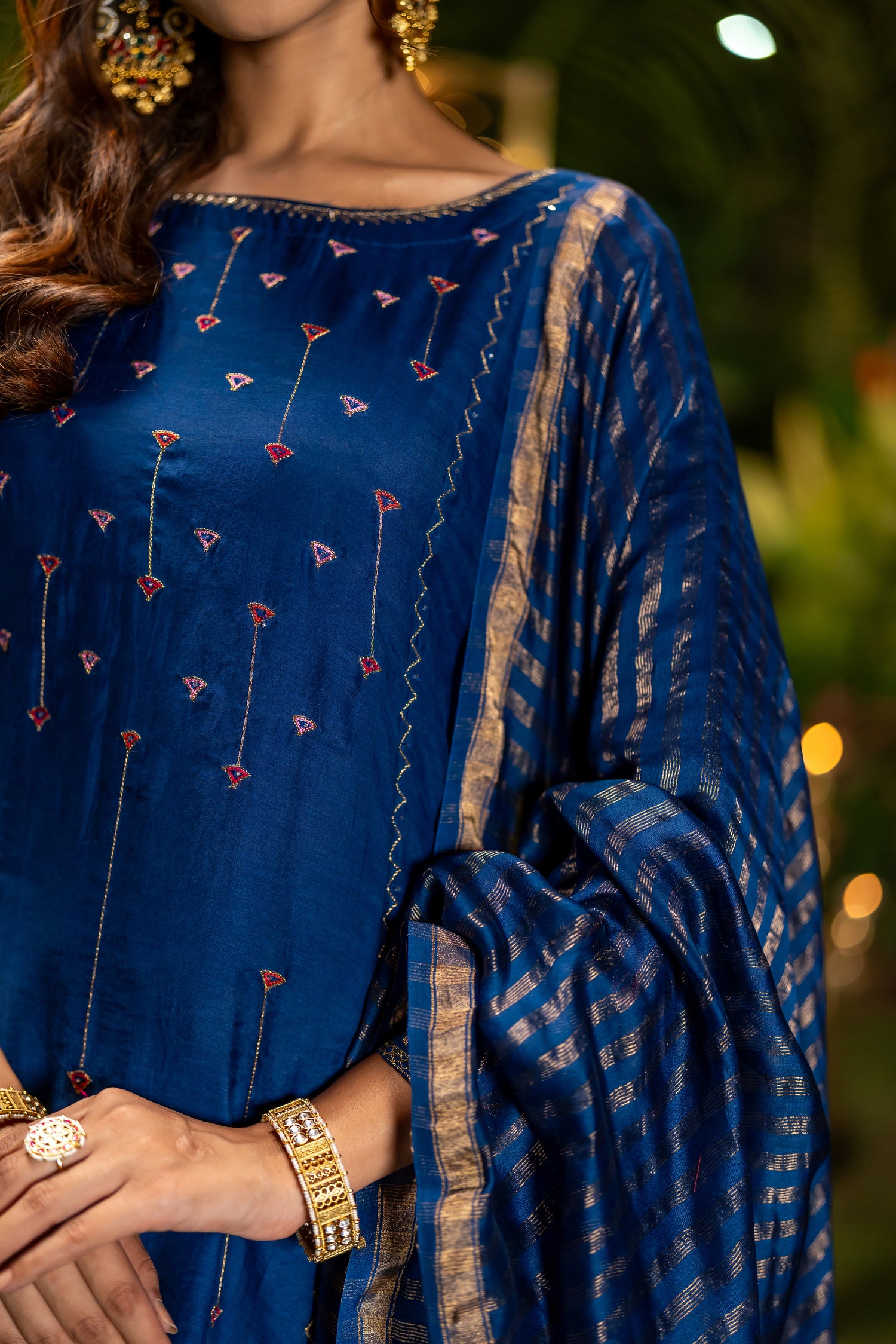 Ray Ethnic Ira | Handcrafted Elegant Blue Chanderi Silk Kurta Set of 3 with Cotton-Silk Dupatta