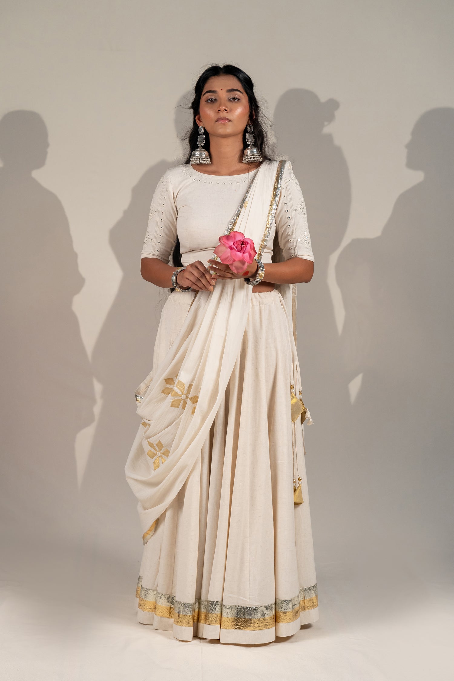 Handcrafted Thick Cotton Skirt in Off-White with Golden & Silver Detailing – NavRas