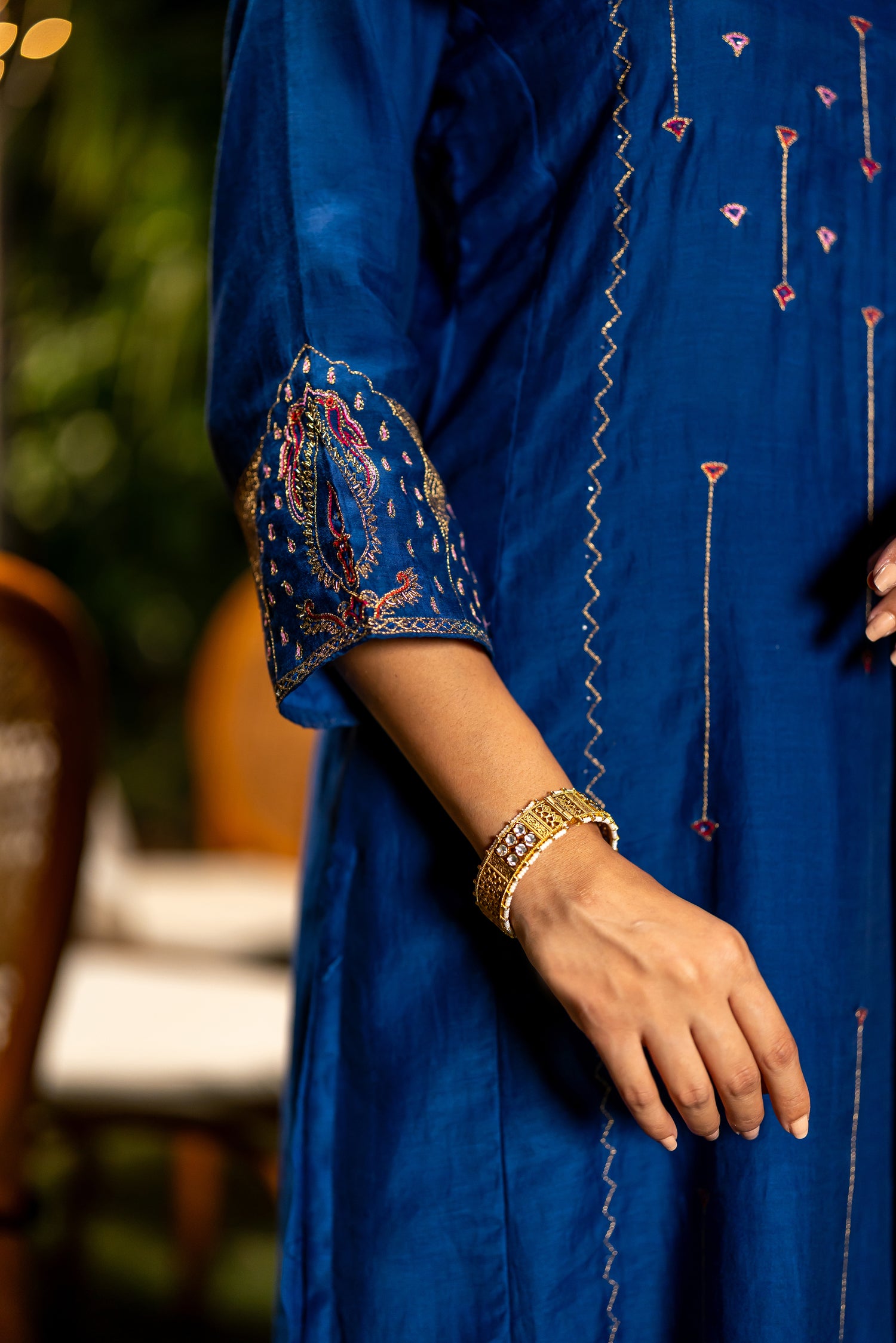 Ray Ethnic Ira | Handcrafted Elegant Blue Chanderi Silk Kurta Set of 3 with Cotton-Silk Dupatta