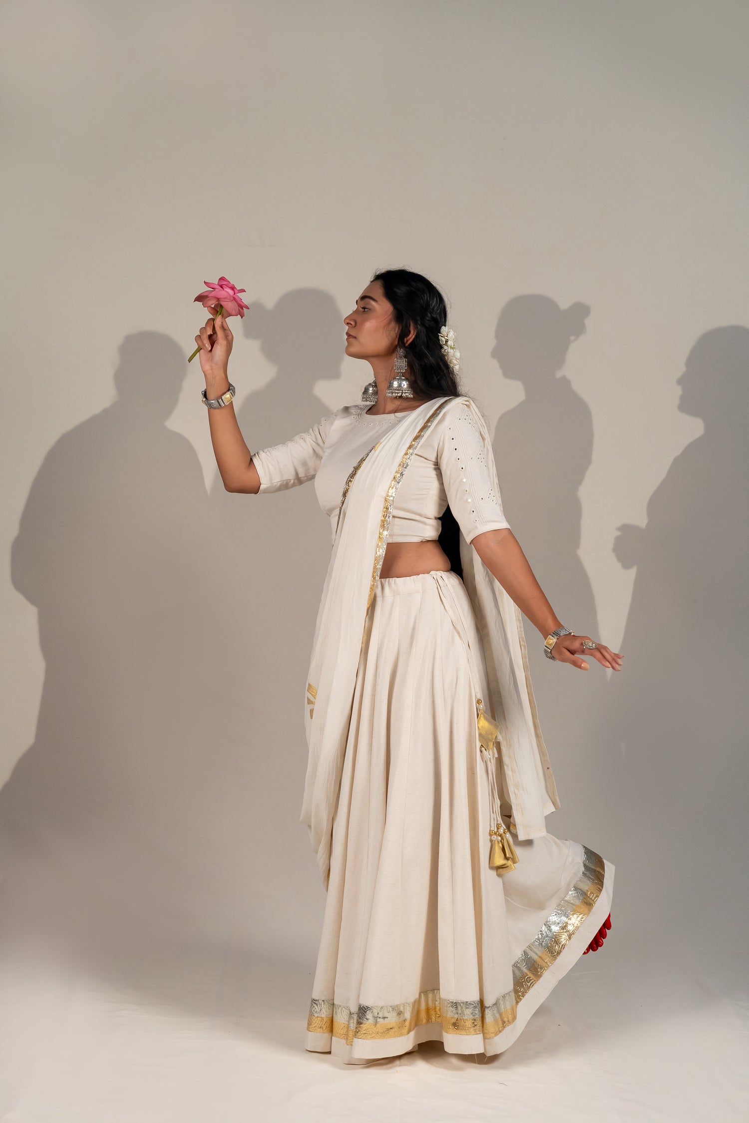 Handcrafted Thick Cotton Skirt in Off-White with Golden & Silver Detailing – NavRas