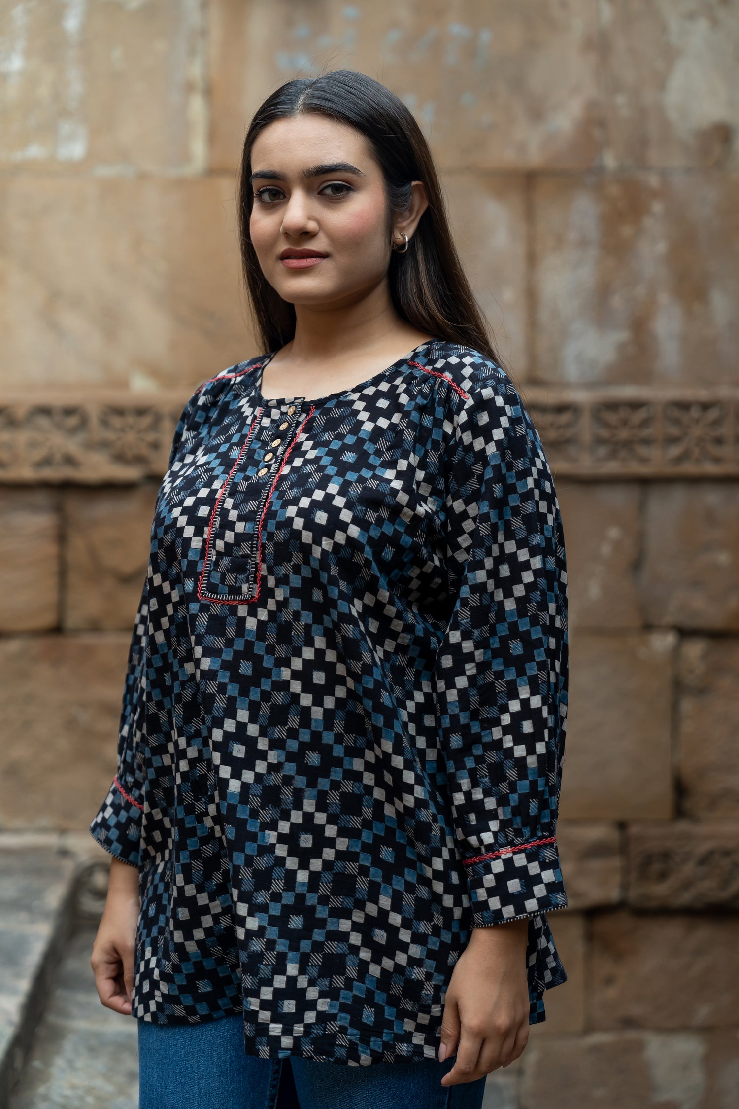 Ekatra Black Block Print Mull Cotton Top | Ray Ethnic