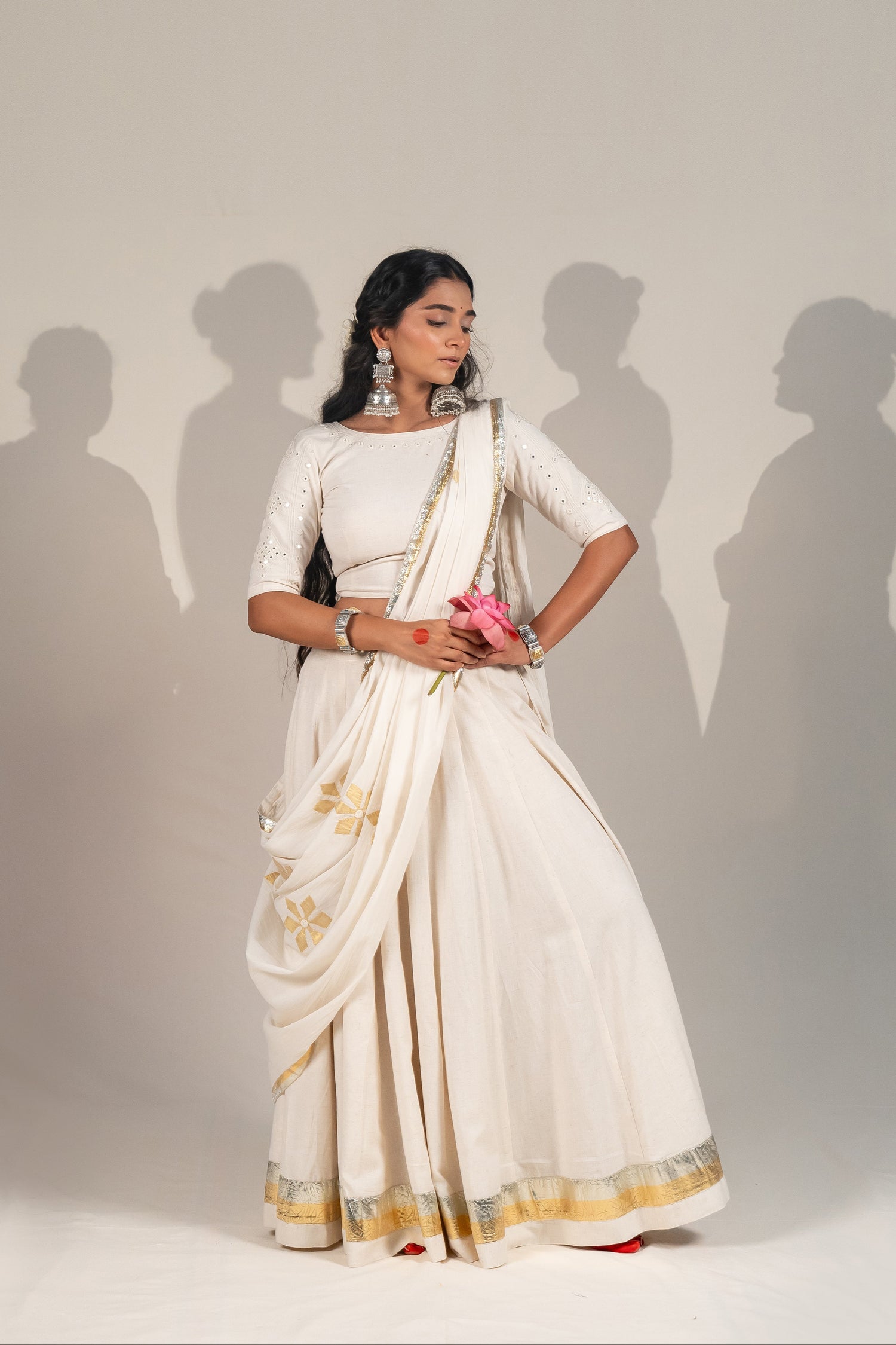 Mirror Work Embroidered Thick Cotton Blouse in Off-White – NavRas
