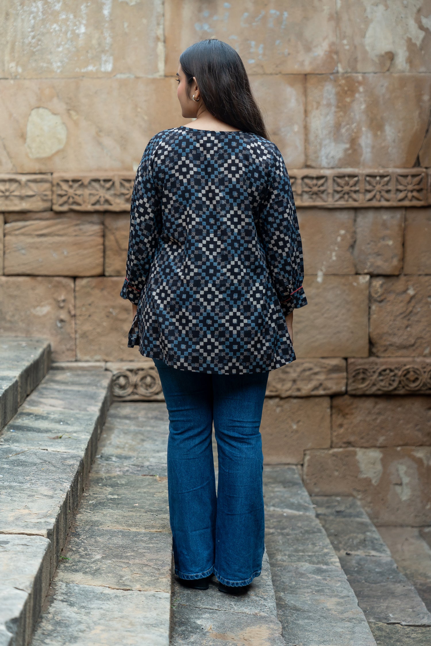 Ekatra Black Block Print Mull Cotton Top | Ray Ethnic