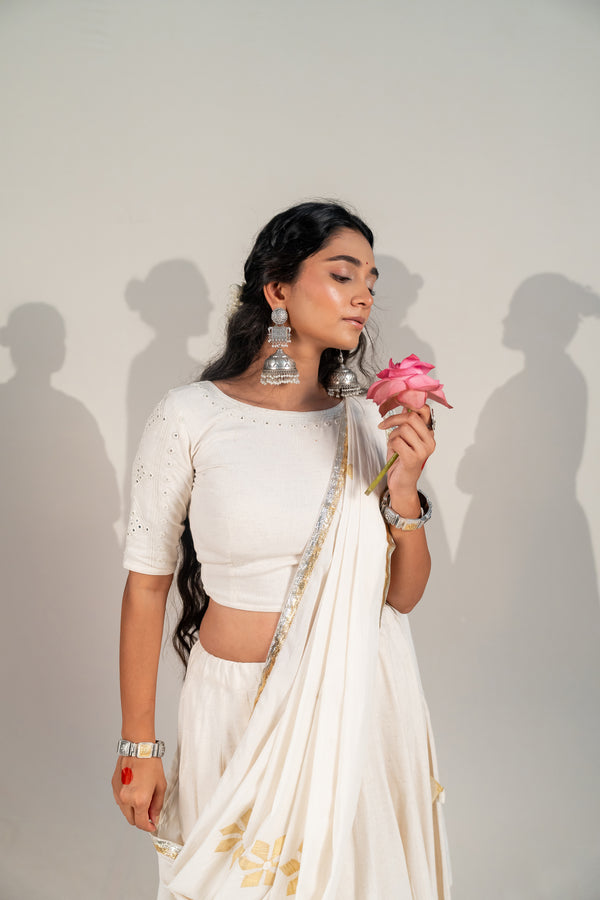 Mirror Work Embroidered Thick Cotton Blouse in Off-White – NavRas