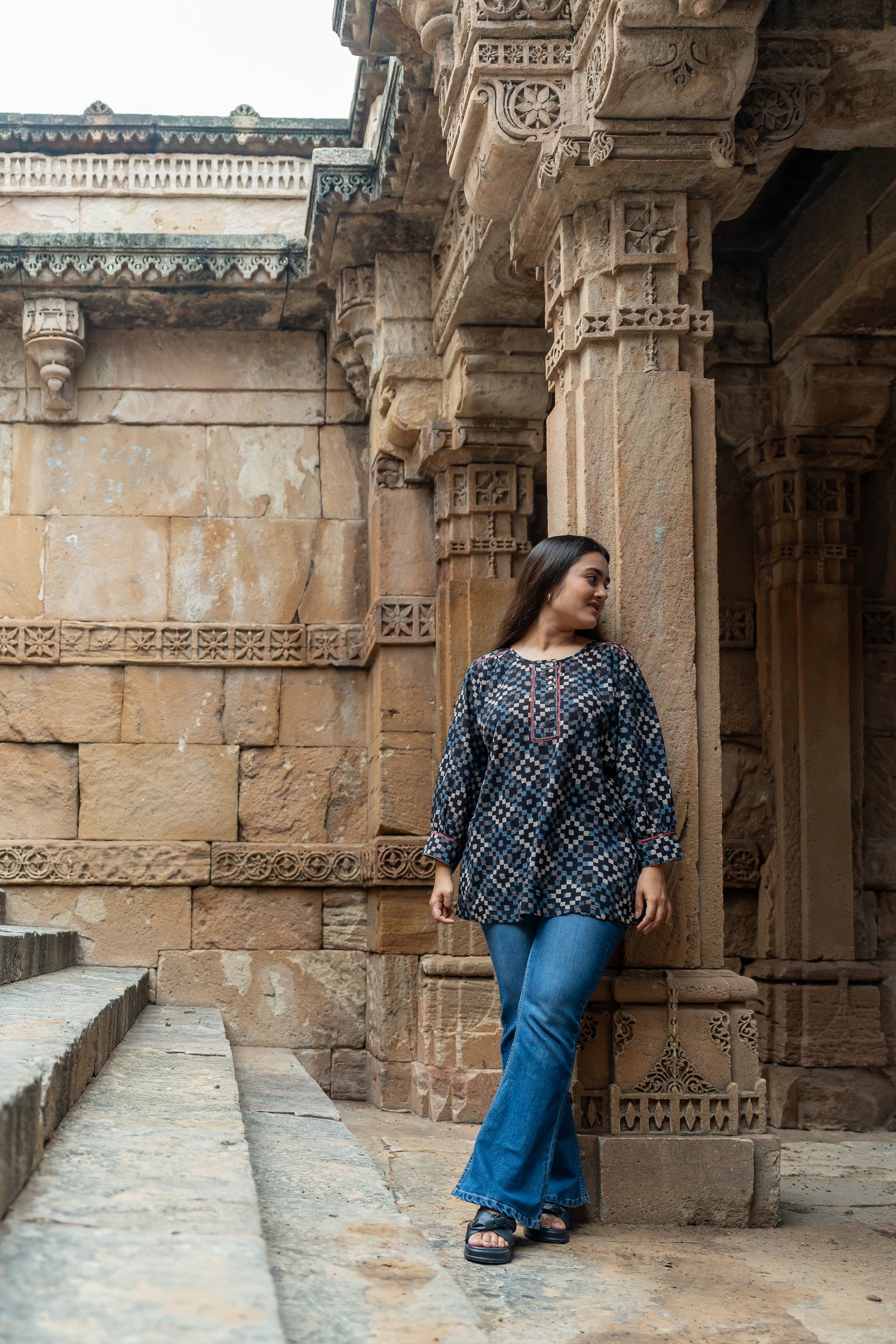 Ekatra Black Block Print Mull Cotton Top | Ray Ethnic
