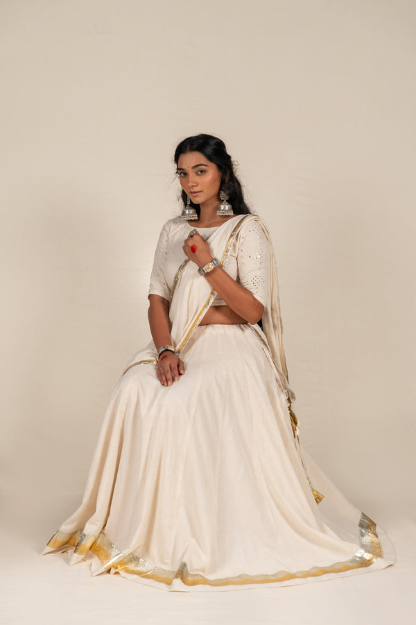 Handcrafted Thick Cotton Skirt in Off-White with Golden & Silver Detailing – NavRas